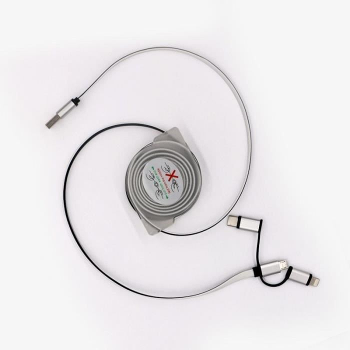 Ein aufgerolltes graues Mehrfachladekabel mit verschiedenen Anschlüssen auf weißem Hintergrund.