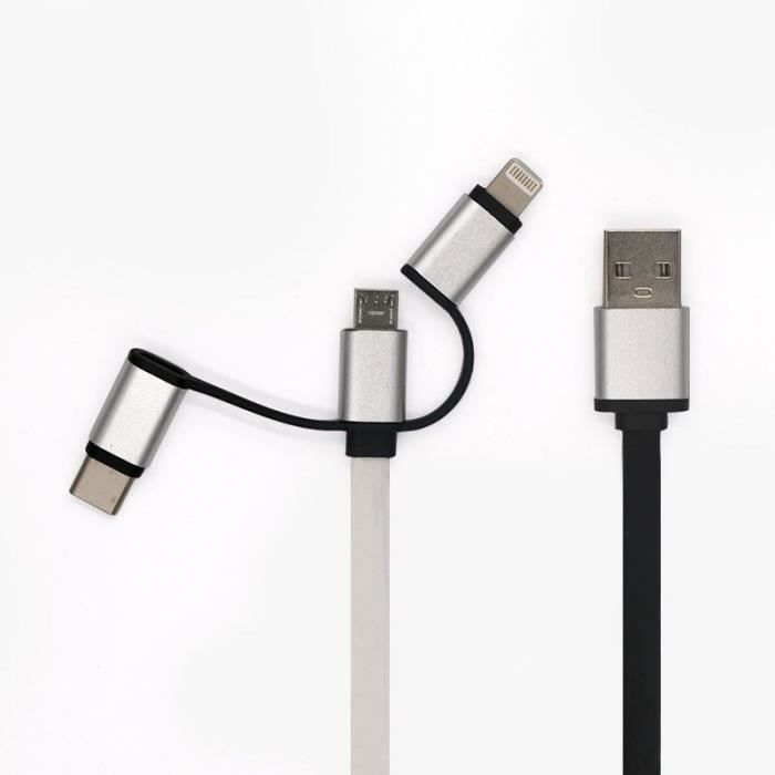Ein Mehrfach-Ladekabel mit USB-, Micro-USB-, Typ-C- und Lightning-Anschlüssen auf weißem Hintergrund.