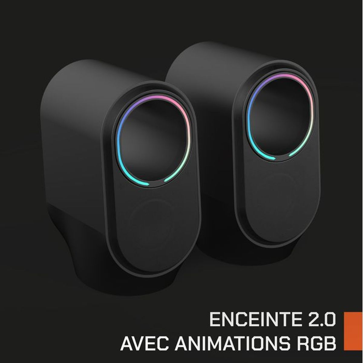 Zwei schwarze 2.0-Lautsprecher mit leuchtenden RGB-Ringen um die Treiber vor dunklem Hintergrund.