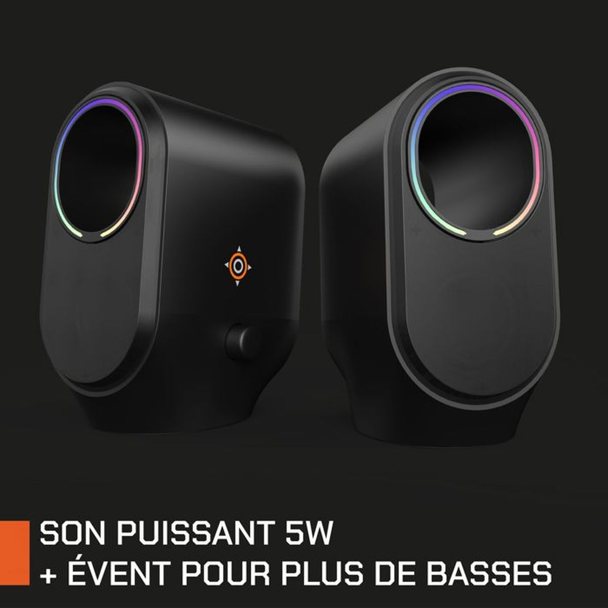 Zwei schwarze Lautsprecher mit leuchtenden RGB-Ringen um die Treiber und französischem Text unten.