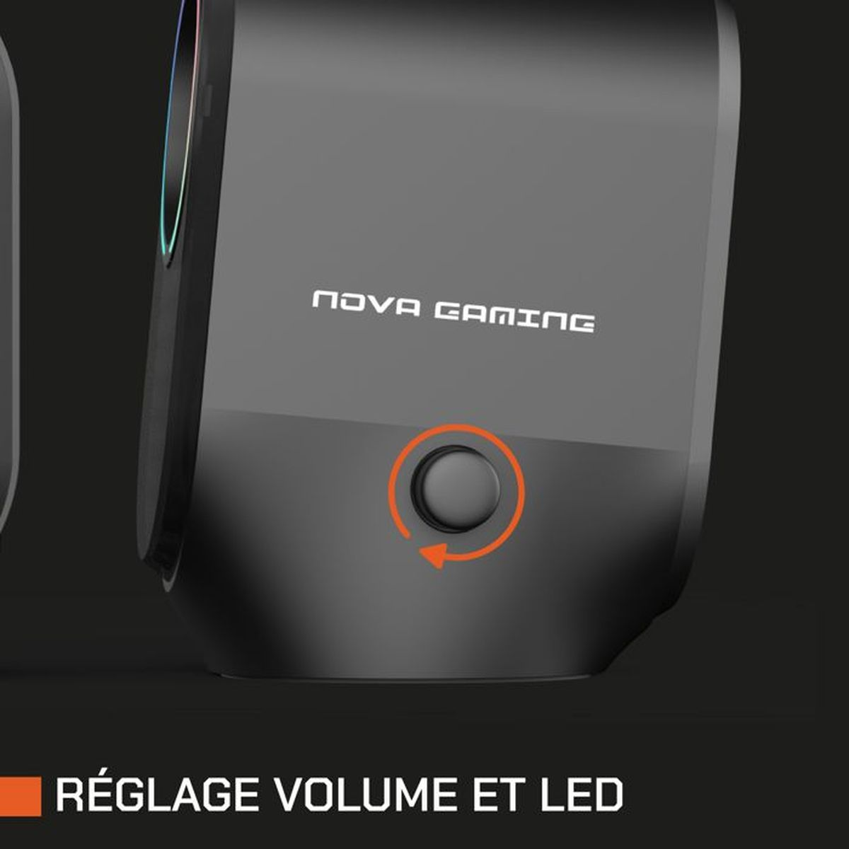 Schwarzer Nova Gaming Lautsprecher mit rundem Lautstärkeregler und oranger LED-Akzentring.