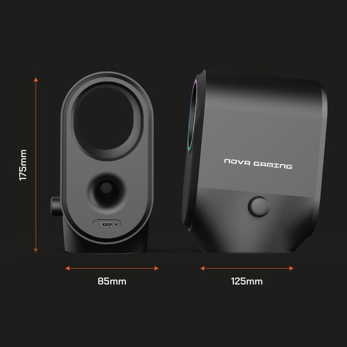 Technische Zeichnung von Nova Gaming Lautsprechern mit Maßangaben 175mm, 85mm und 125mm auf dunklem Hintergrund.