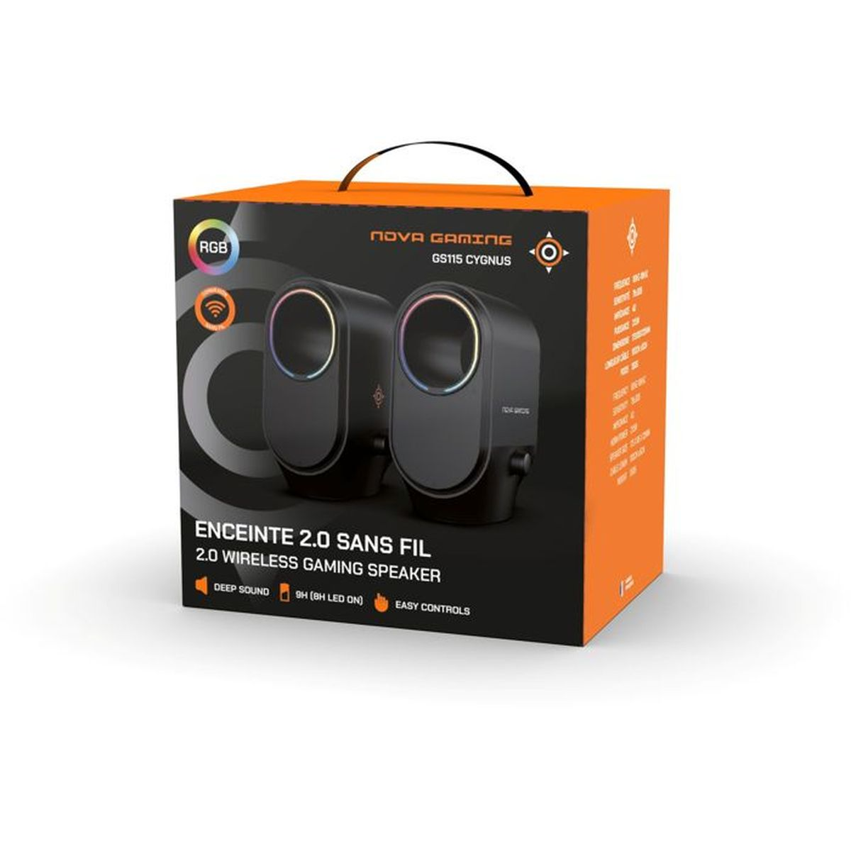 Nova Gaming GS115 Cygnus 2.0 kabellose Gaming-Lautsprecher in orangem und schwarzem Produktkarton.
