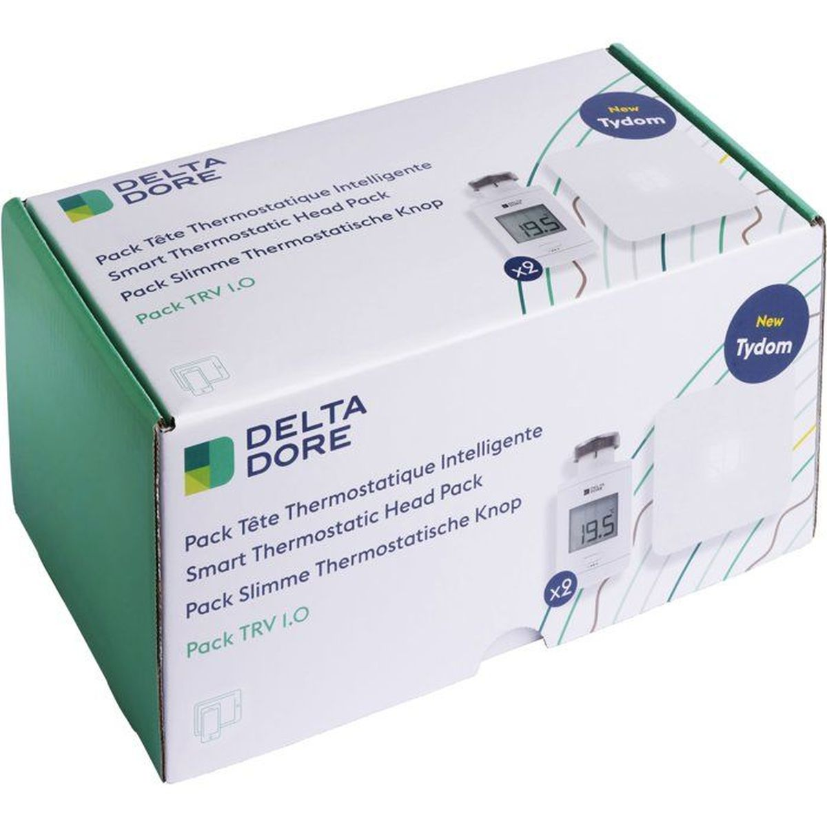 Produktverpackung eines Delta Dore Smart Thermostatic Head Packs in Weiß und Grün auf weißem Hintergrund.