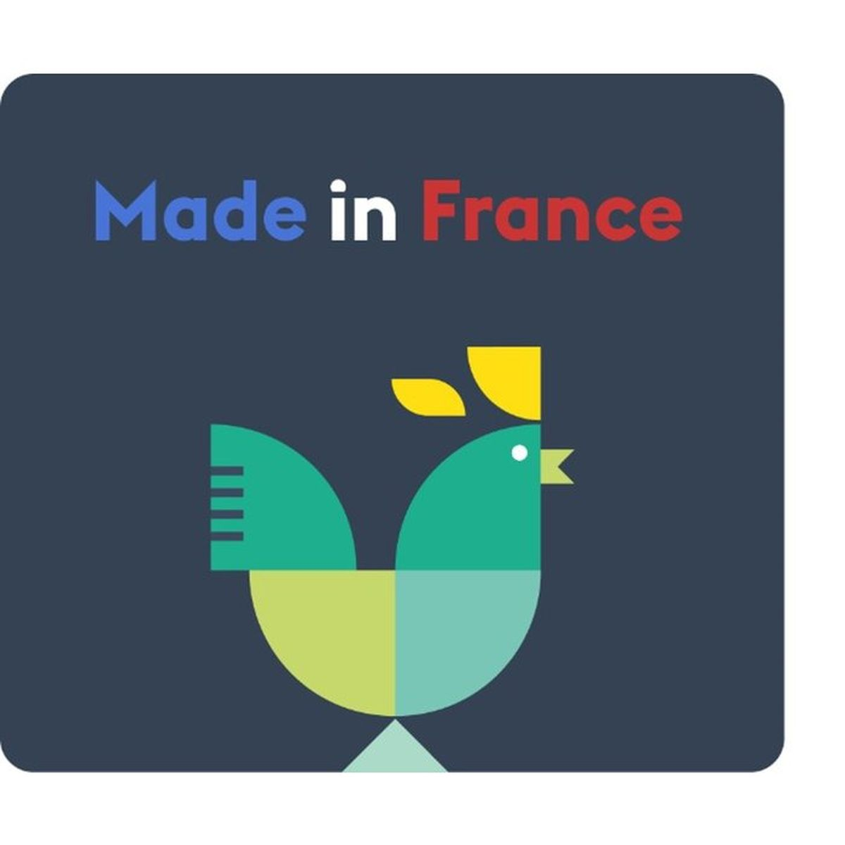 Ein stilisiertes grünes Hahn-Logo mit dem Text Made in France auf dunklem Hintergrund.