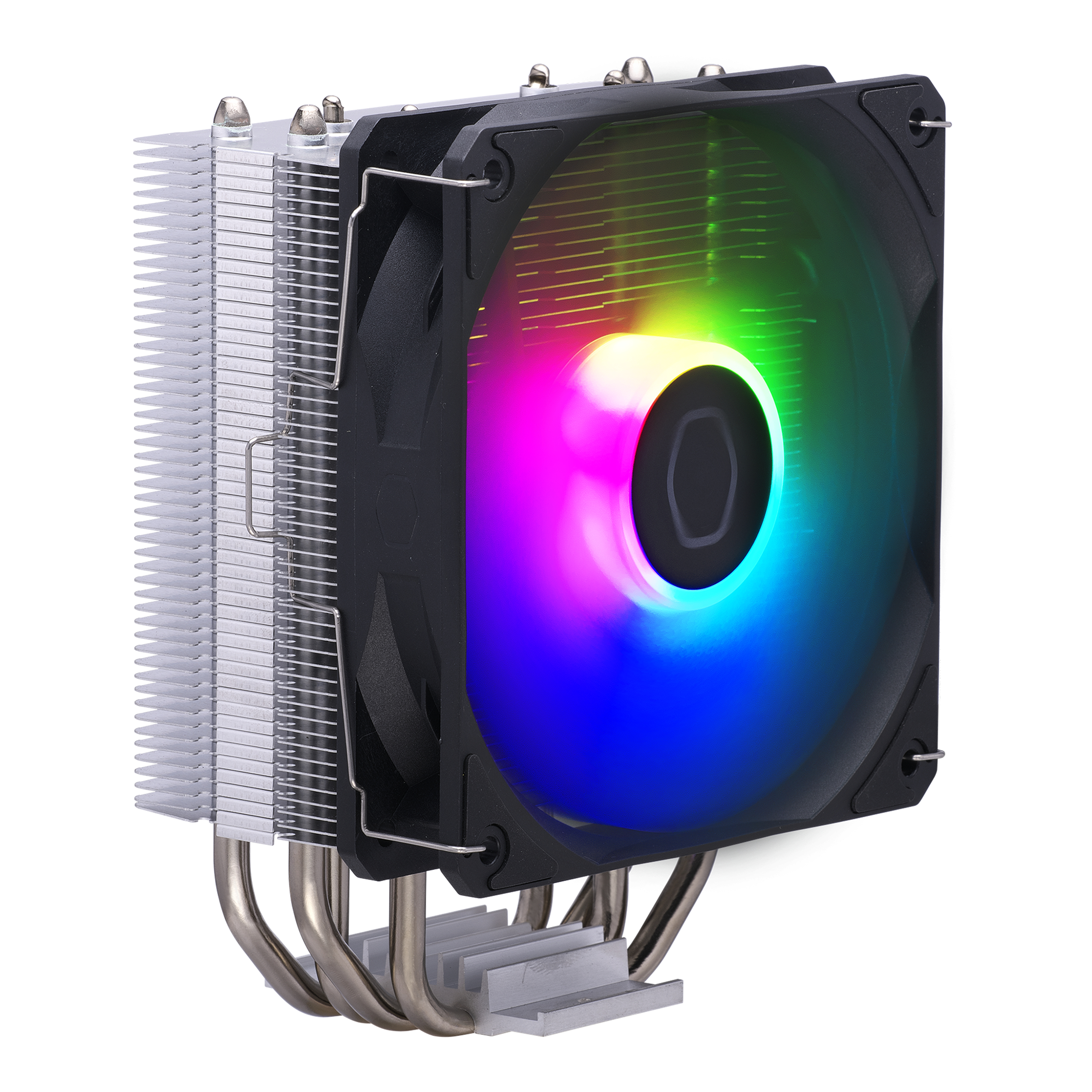 CPU-Kühler mit silbernen Lamellen, Kupfer-Heatpipes und einem beleuchteten RGB-Lüfter auf weißem Hintergrund.