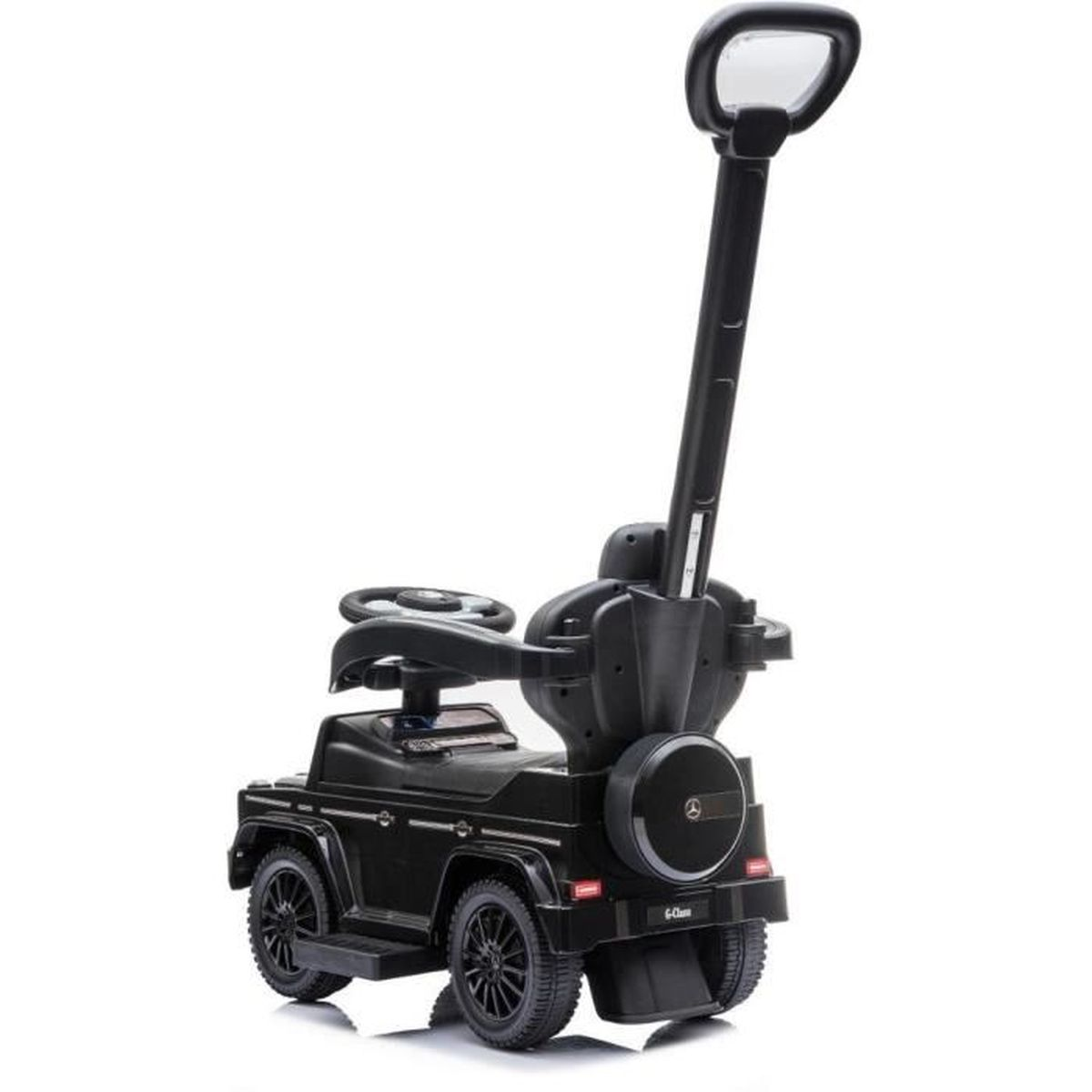 Ein schwarzes Mercedes-Kinderauto mit Schiebestange, Reserverad hinten und einem Lenkrad auf weißem Hintergrund.