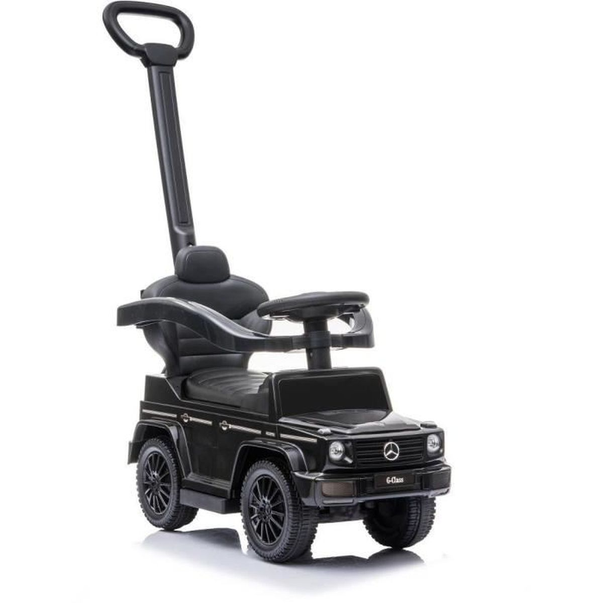 Schwarzes Mercedes G-Klasse Rutschauto mit langer Schubstange, Sicherheitsbügel und gepolstertem Sitz auf weißem Grund.
