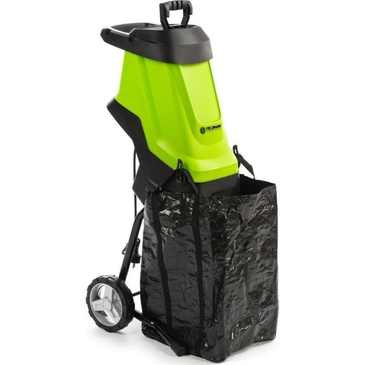 Ein leuchtgrüner und schwarzer Gartenhäcksler mit Rädern und einem großen schwarzen Auffangsack.