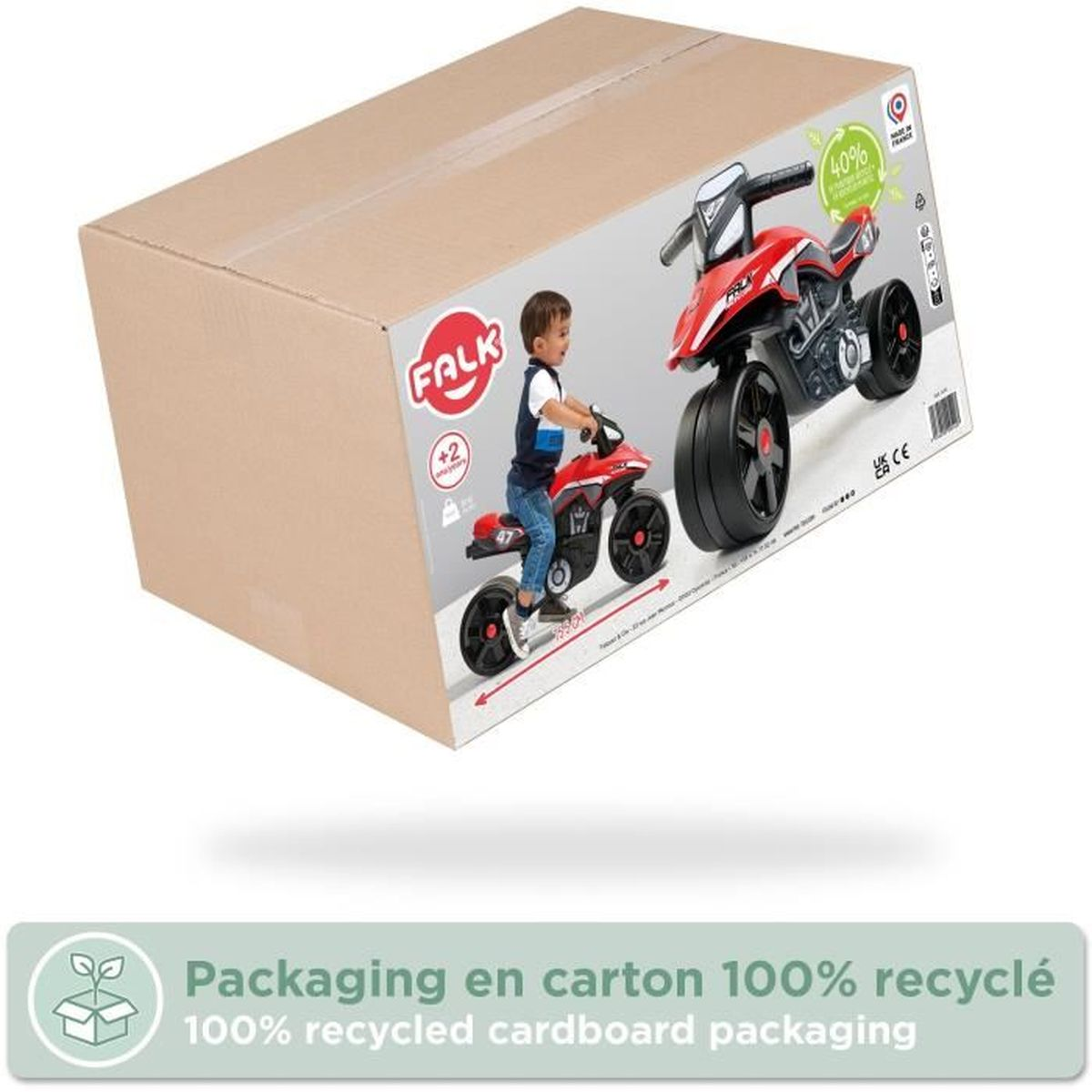 Eine Pappschachtel mit einem Bild eines Kindes auf einem roten Spielzeug-Motorrad und dem Produkt daneben.