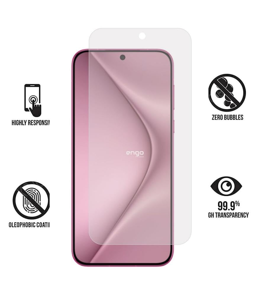 Ekran koruyuculu ve dokunmatik, kabarcıksız, oleofobik ve şeffaflık simgelerine sahip akıllı telefon.