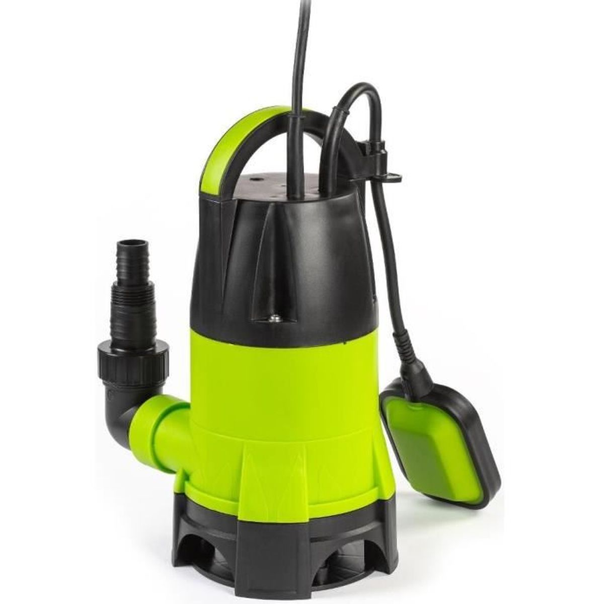 Eine grüne und schwarze Tauchpumpe mit Kabel und Schwimmerschalter auf weißem Hintergrund.