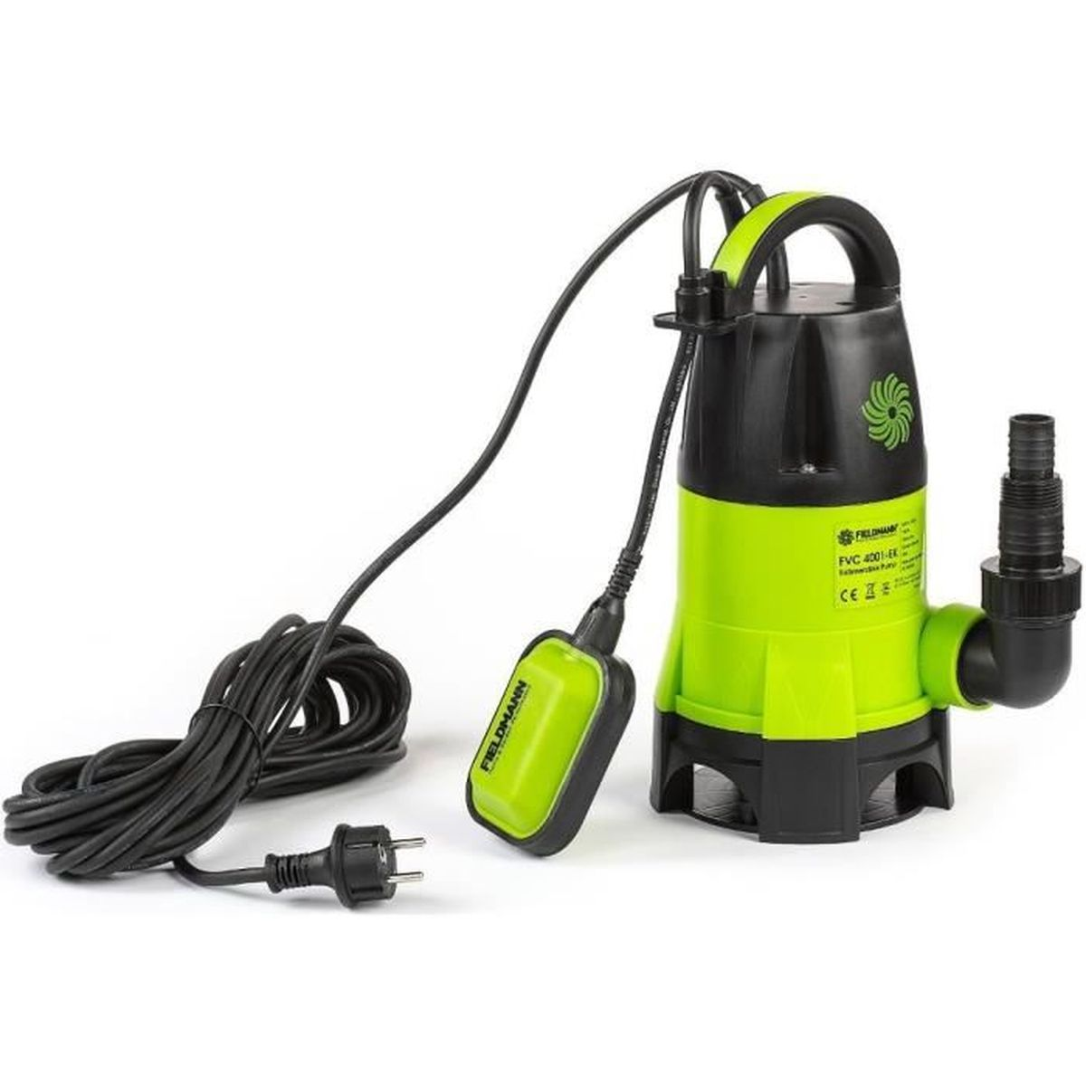 Grüne und schwarze Tauchpumpe mit integriertem Schwimmerschalter, langem Kabel und Stecker auf weißem Hintergrund.