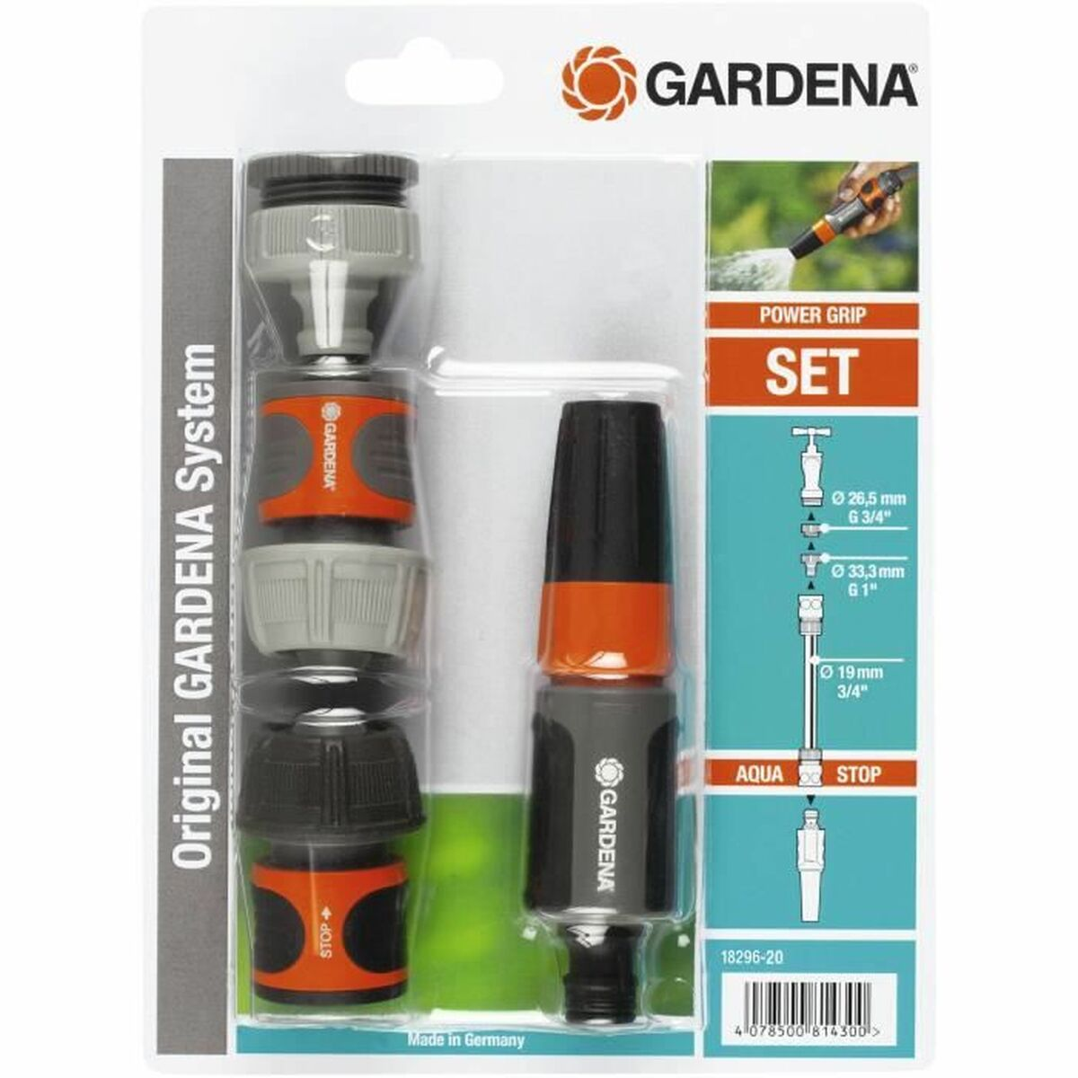 Gardena Schlauchverbinder-Set in Originalverpackung mit grauen und orangen Elementen.