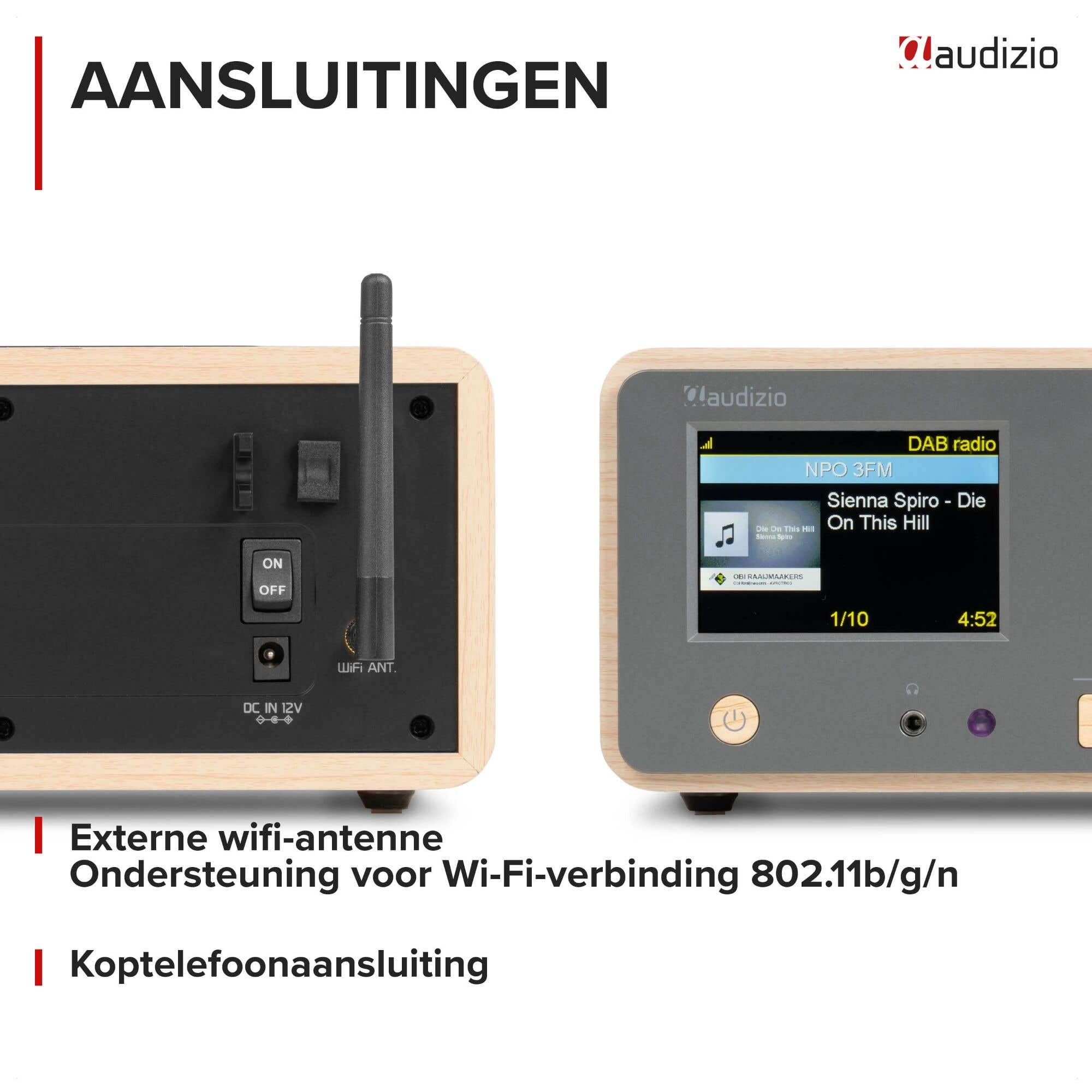 Rückseite und Vorderseite eines Audiogeräts mit externer Antenne, WLAN und Kopfhöreranschluss.