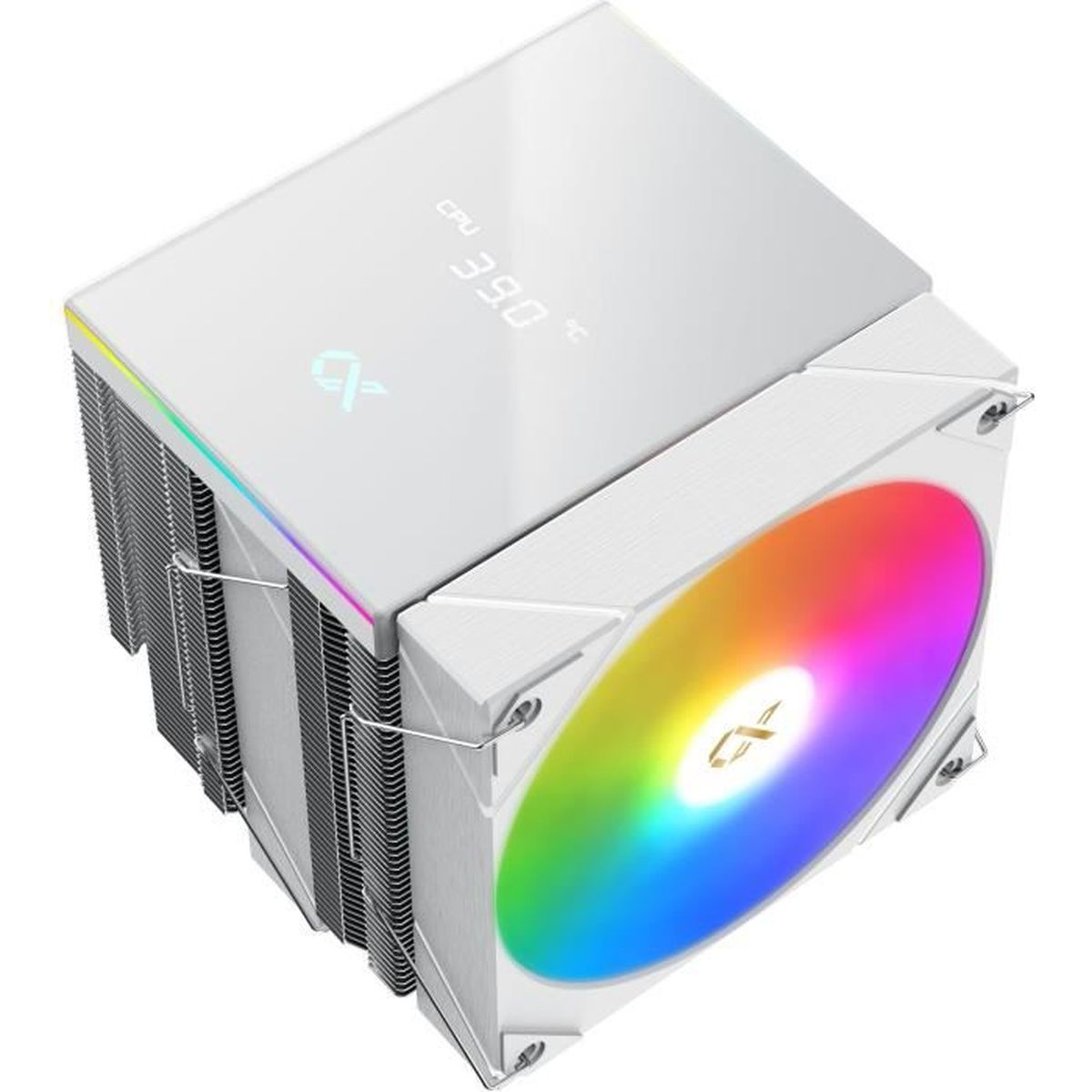 Ein weißer CPU-Kühler mit RGB-Lüfter und digitaler Temperaturanzeige.