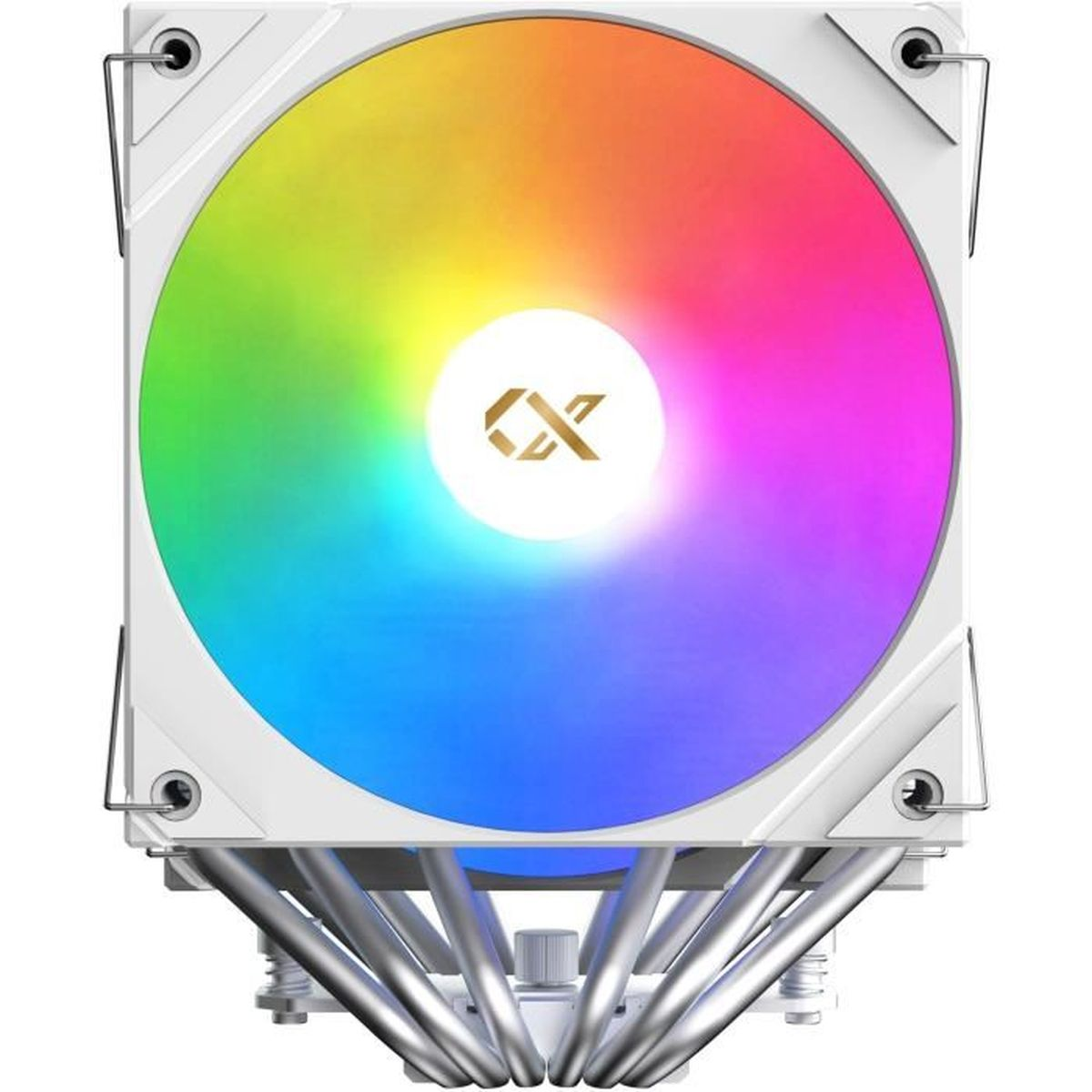 Ein weißer CPU-Kühler mit RGB-beleuchtetem Lüfter und silbernen Heatpipes auf weißem Hintergrund.