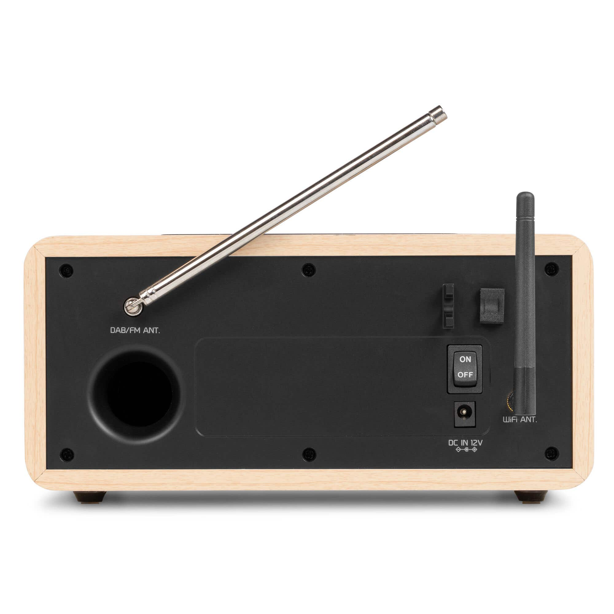 Rückseite eines Holzradios mit ausgefahrener Teleskopantenne, WLAN-Antenne, Ein-Aus-Schalter und DC-12V-Anschluss.