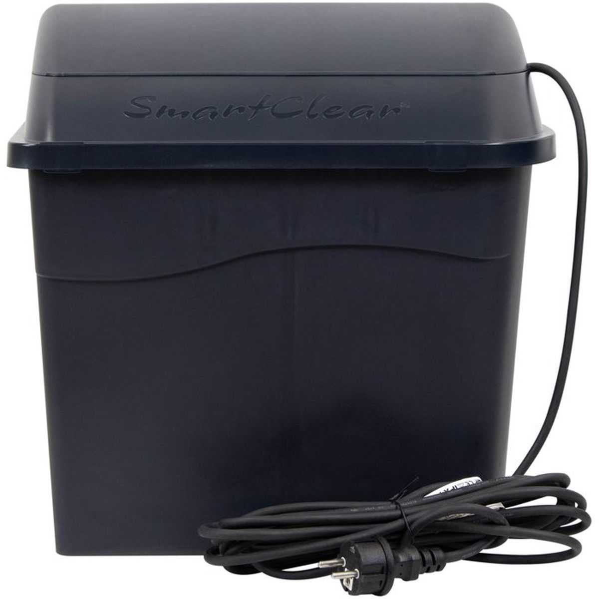 Ein schwarzer SmartClean-Behälter mit Deckel und angeschlossenem Netzkabel davor auf weißem Hintergrund.