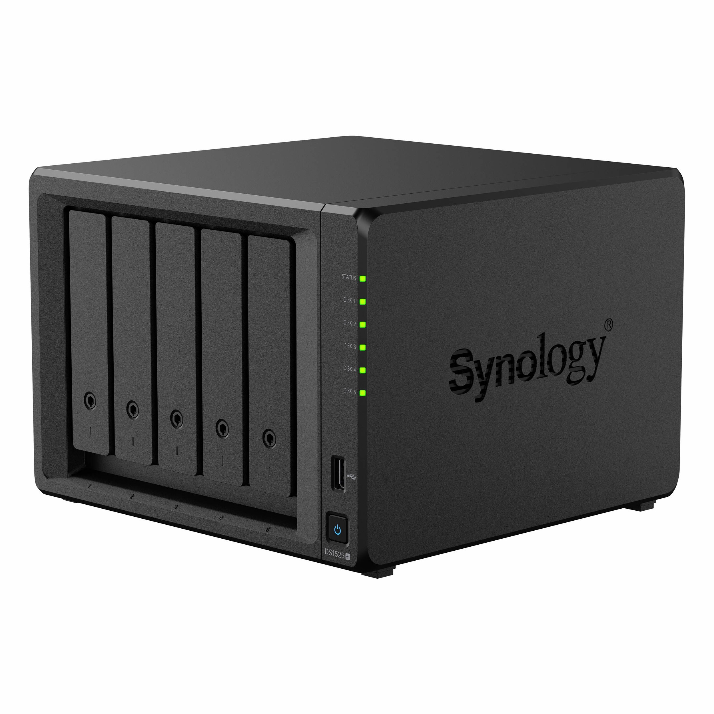 Beyaz zemin üzerinde beş sürücü yuvasına ve yeşil durum LED'lerine sahip siyah Synology NAS cihazı.