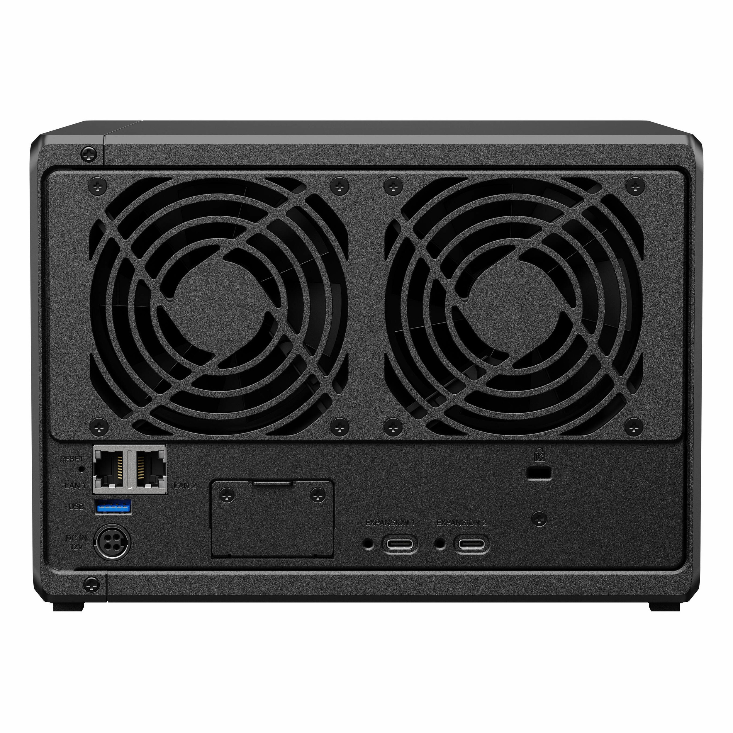 İki büyük fan, LAN bağlantı noktaları, USB bağlantı noktaları ve genişletme yuvaları içeren siyah bir NAS cihazının arka görünümü.