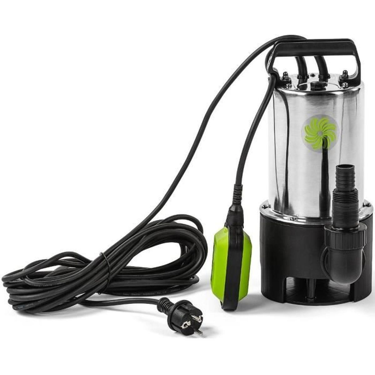 Eine elektrische Edelstahl-Tauchpumpe mit einem schwarzen Netzkabel, Stecker und einem grünen Schwimmerschalter.