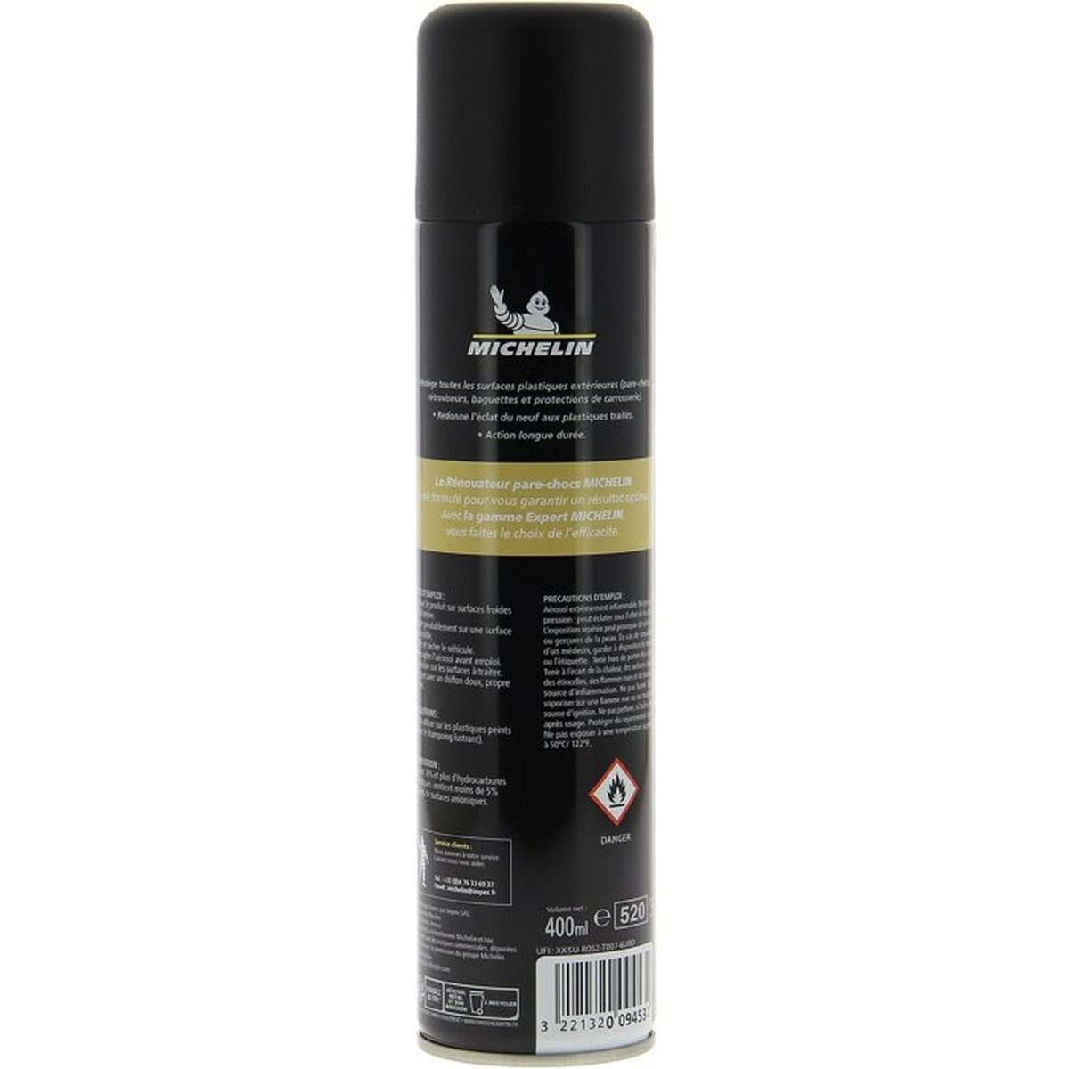 Schwarze Michelin Sprayflasche mit Produktinformationen und Logo auf weißem Hintergrund.