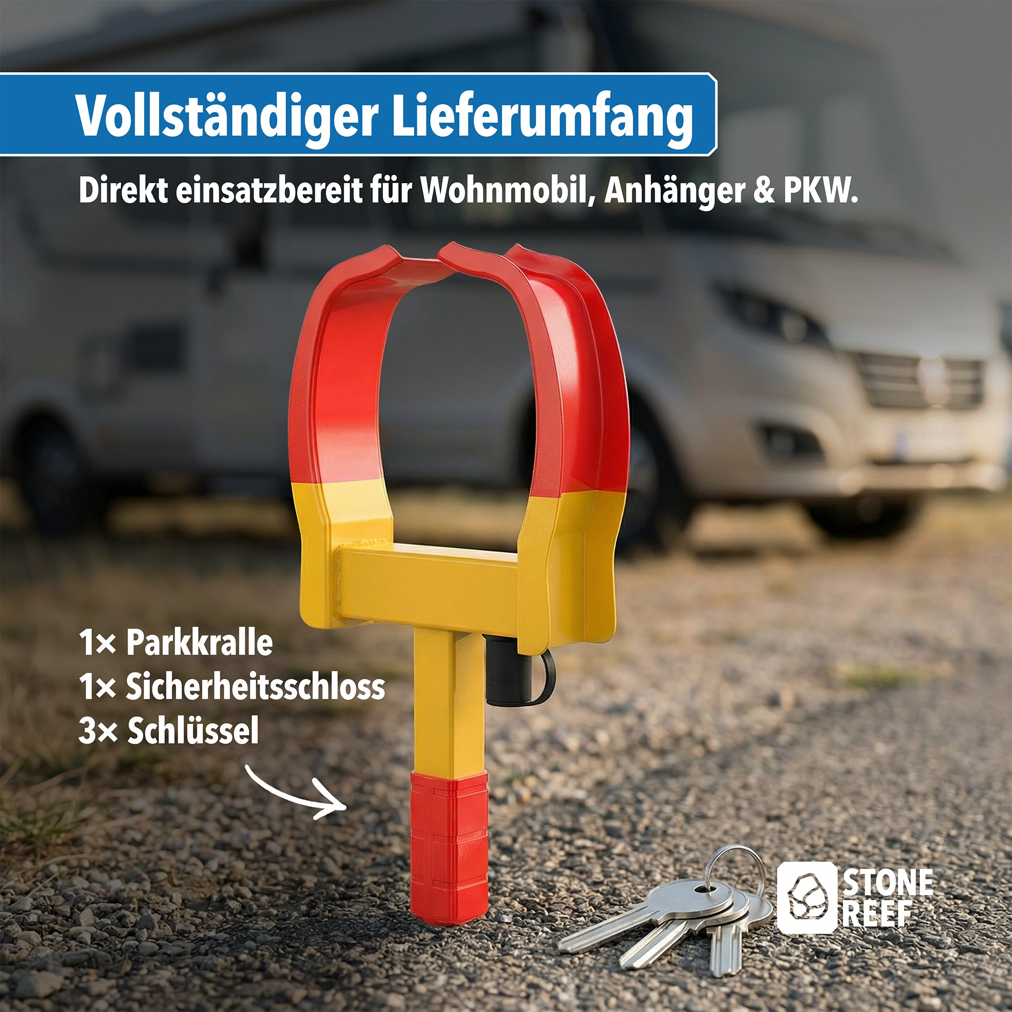Rot-gelbe Parkkralle mit drei Schlüsseln und Wohnmobil im Hintergrund.