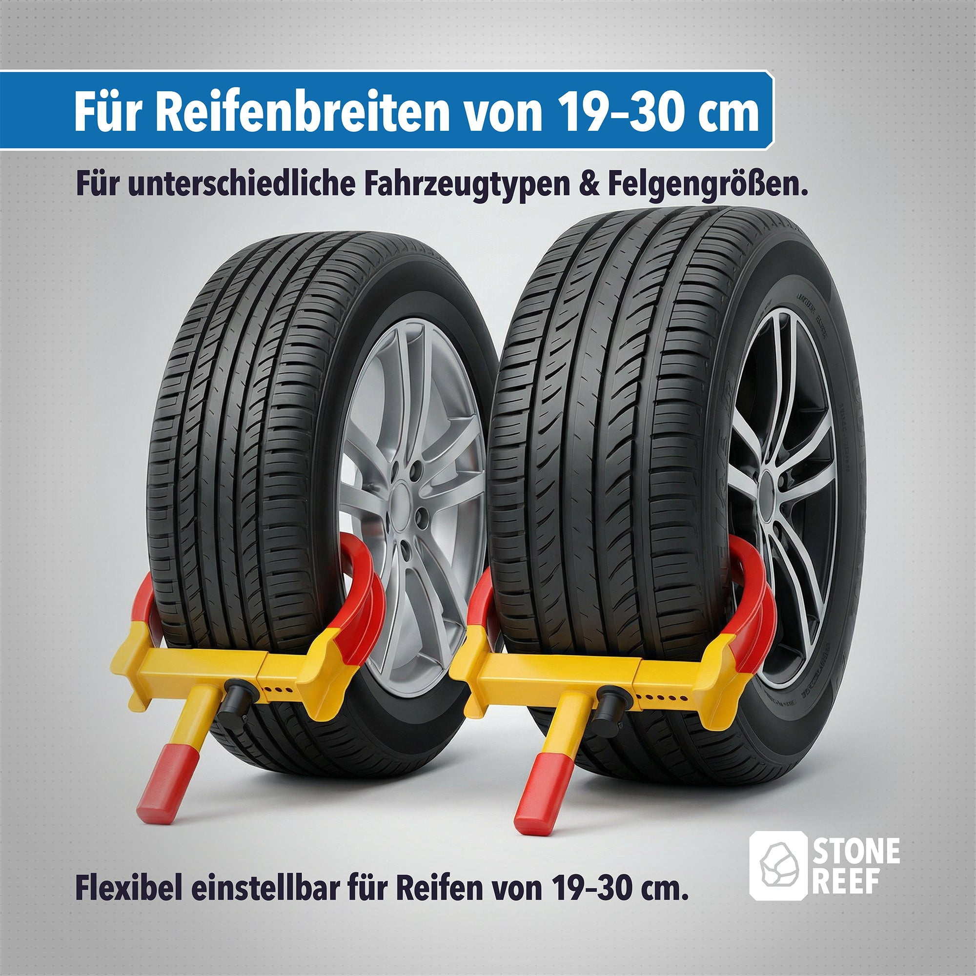 Zwei Autoreifen mit Felgen und roten Radklemmen auf grauem Hintergrund, beschriftet mit deutscher Werbung.