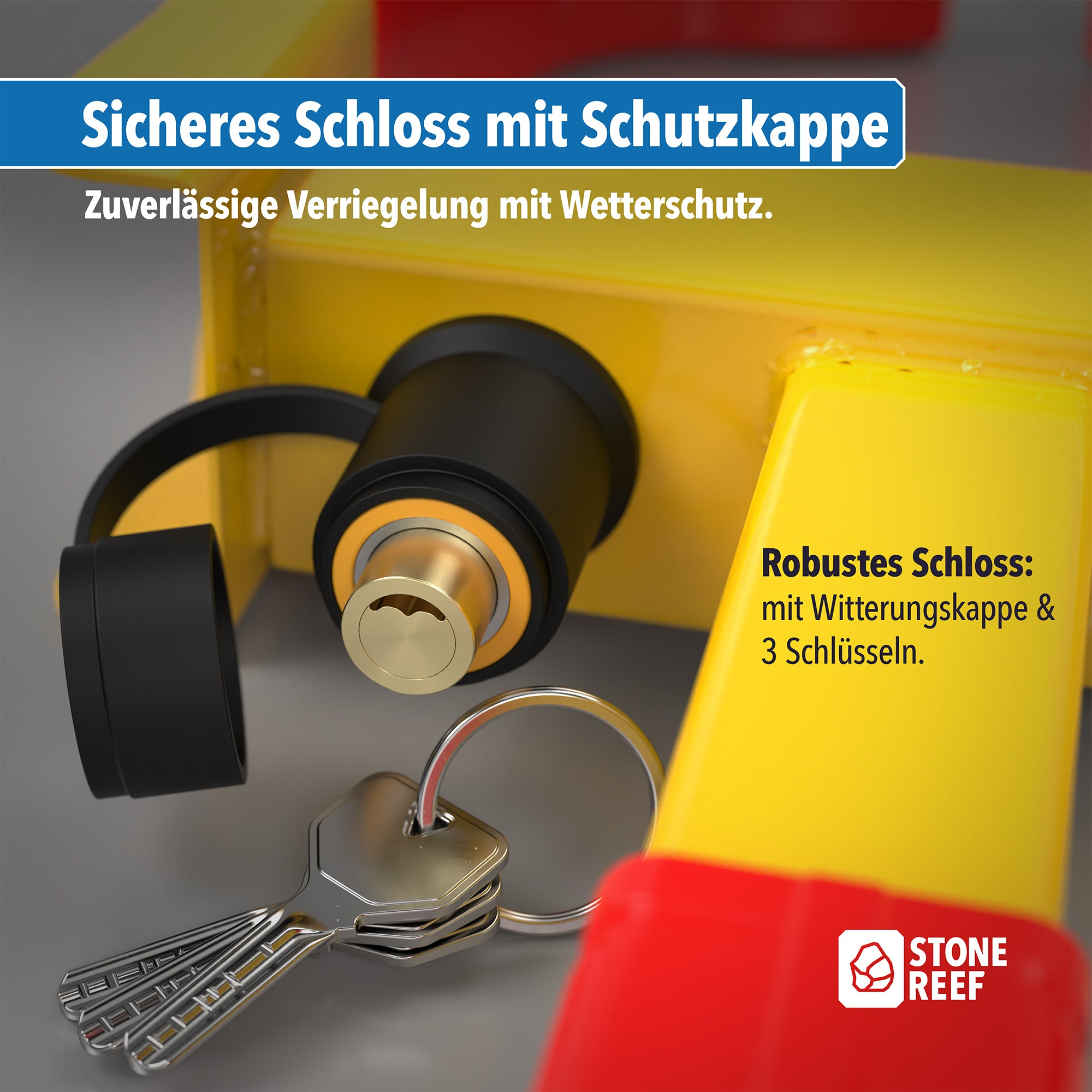 Nahaufnahme eines gelben Schlosses mit Schutzkappe und Schlüsseln im Vordergrund, mit deutschem Werbetext.