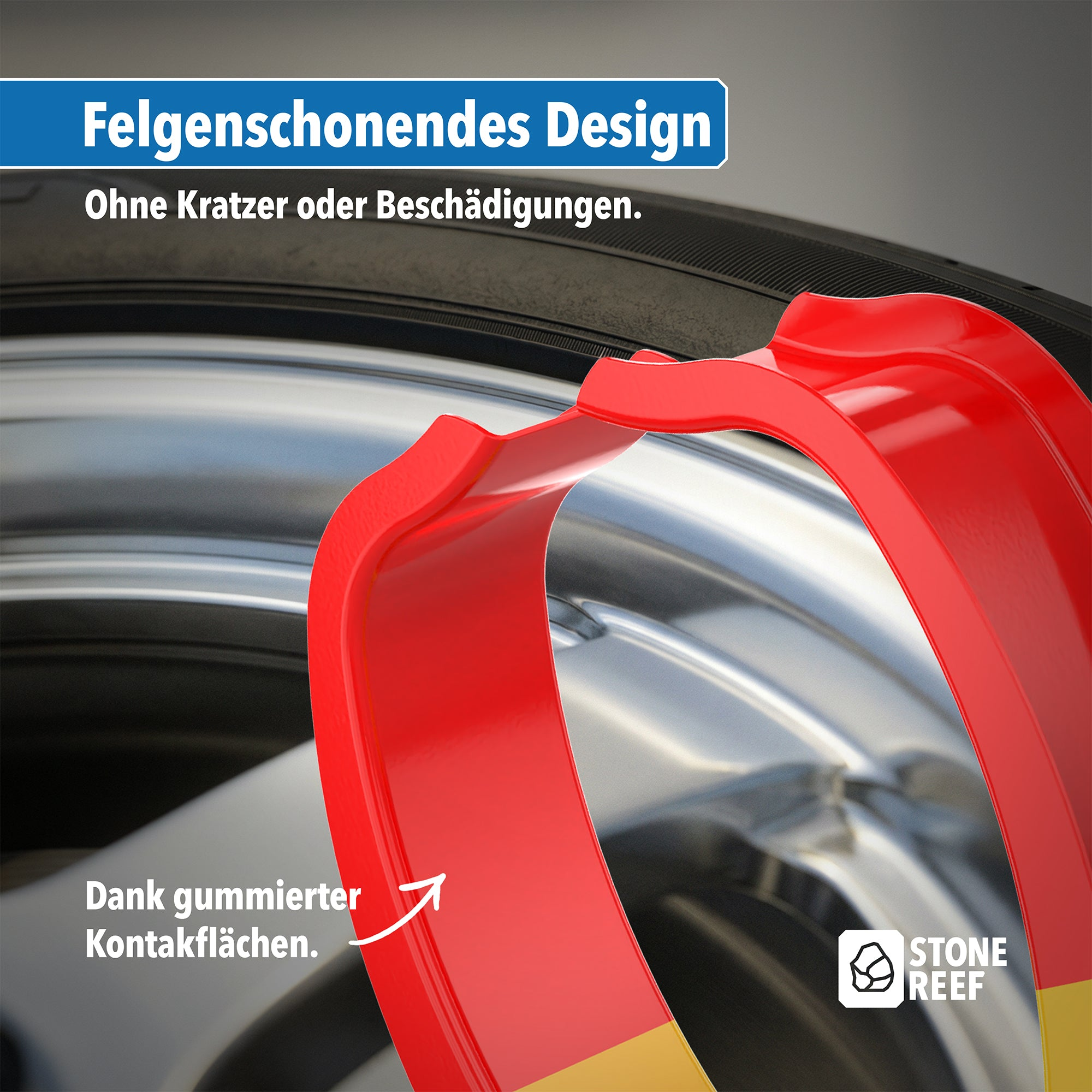 Ein roter Felgenschutz am Autorad mit deutschem Text und Stone Reef Logo.