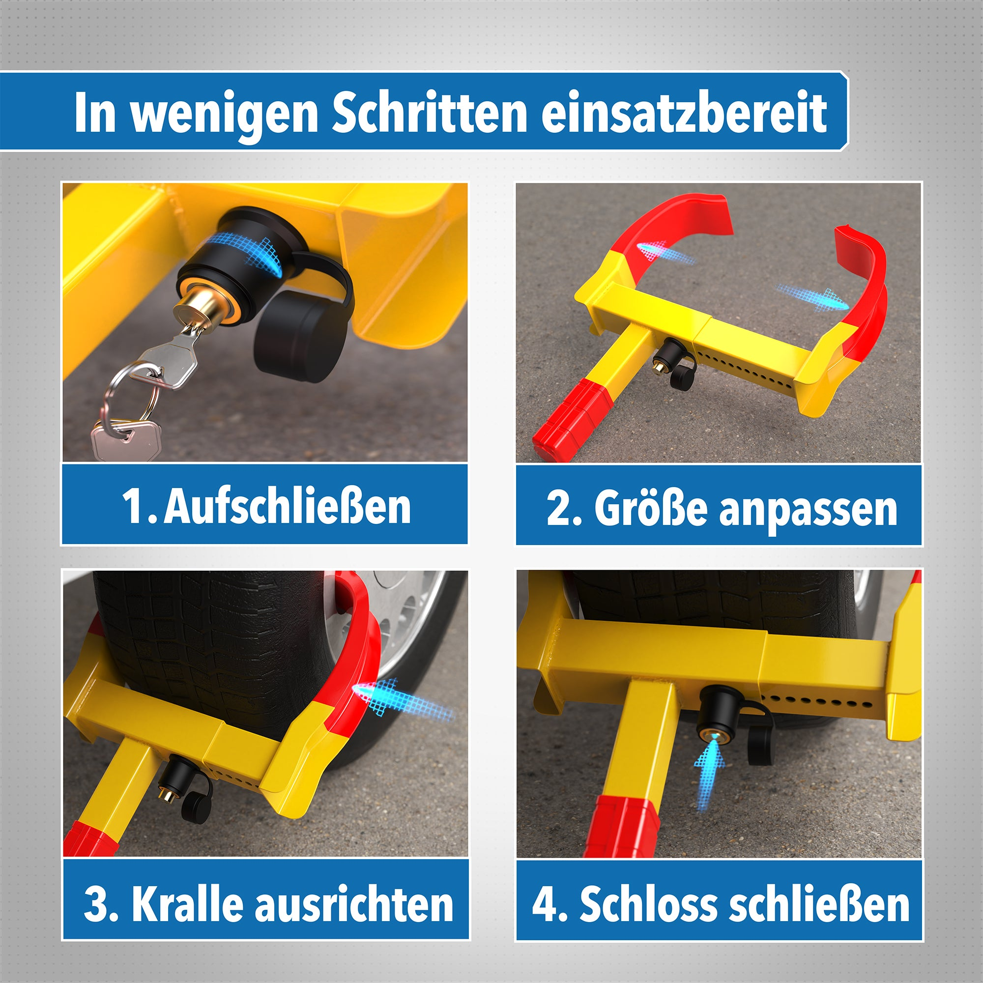 Anleitung in vier Schritten zur Montage und Bedienung einer gelb-roten Radkralle.
