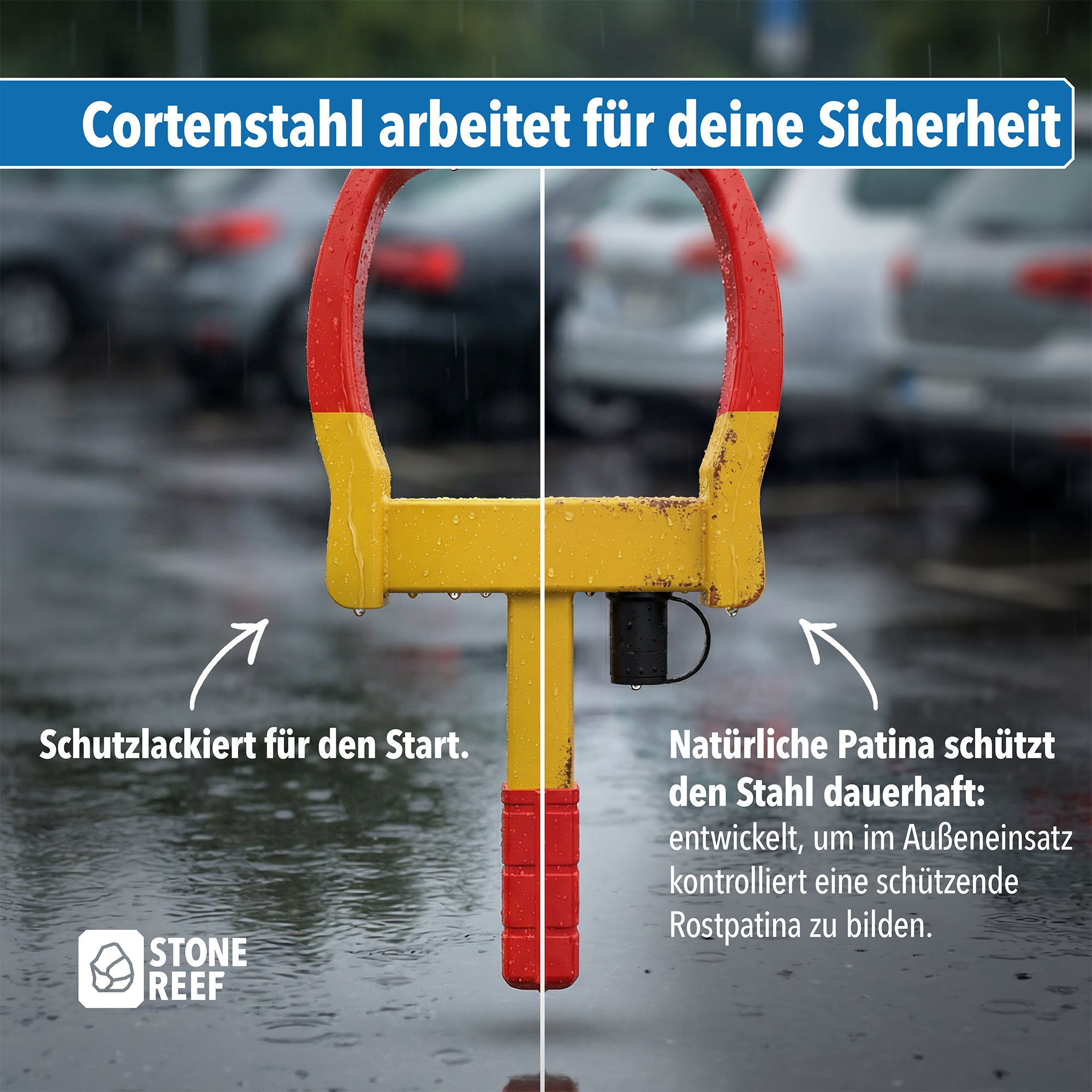 Vergleich zweier Parkbügel im Regen: lackiert links, mit Rostpatina rechts.