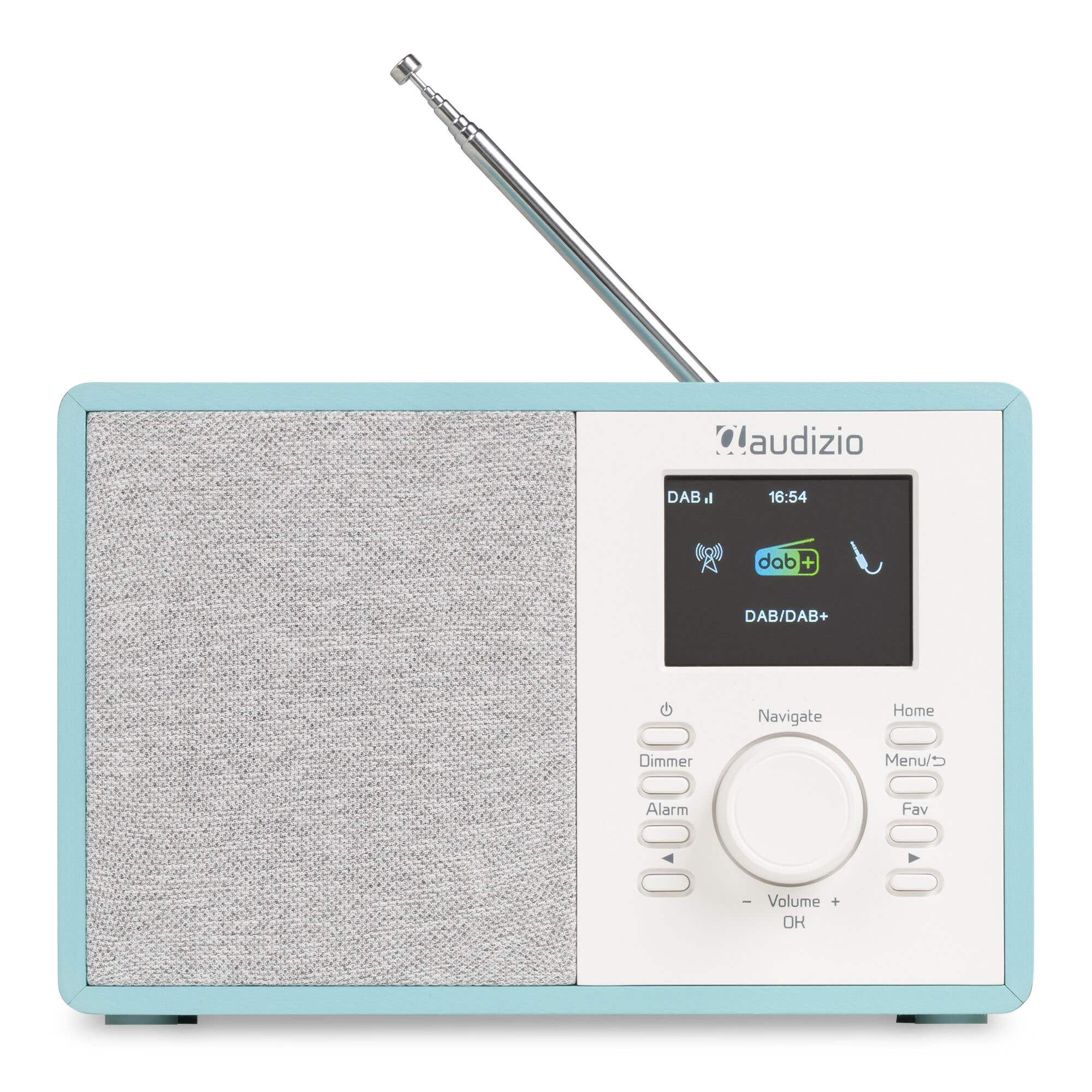 Ein hellblaues Audizio DAB-Radio mit Stoffabdeckung, Display und Antenne vor weißem Hintergrund.