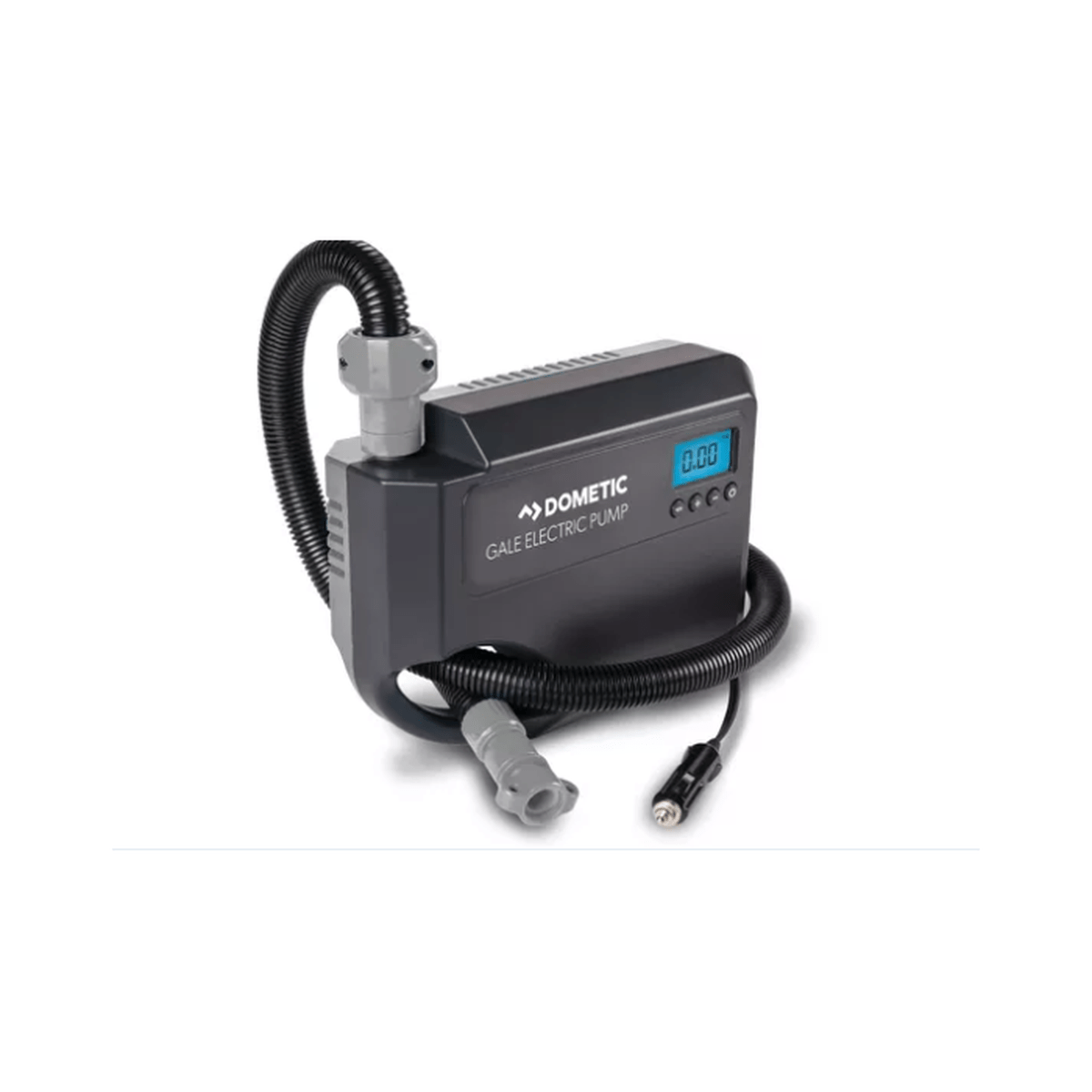 Schwarze Dometic Gale Elektropumpe mit Digitaldisplay, Schlauch und Autostecker auf weiÃŸem Hintergrund.