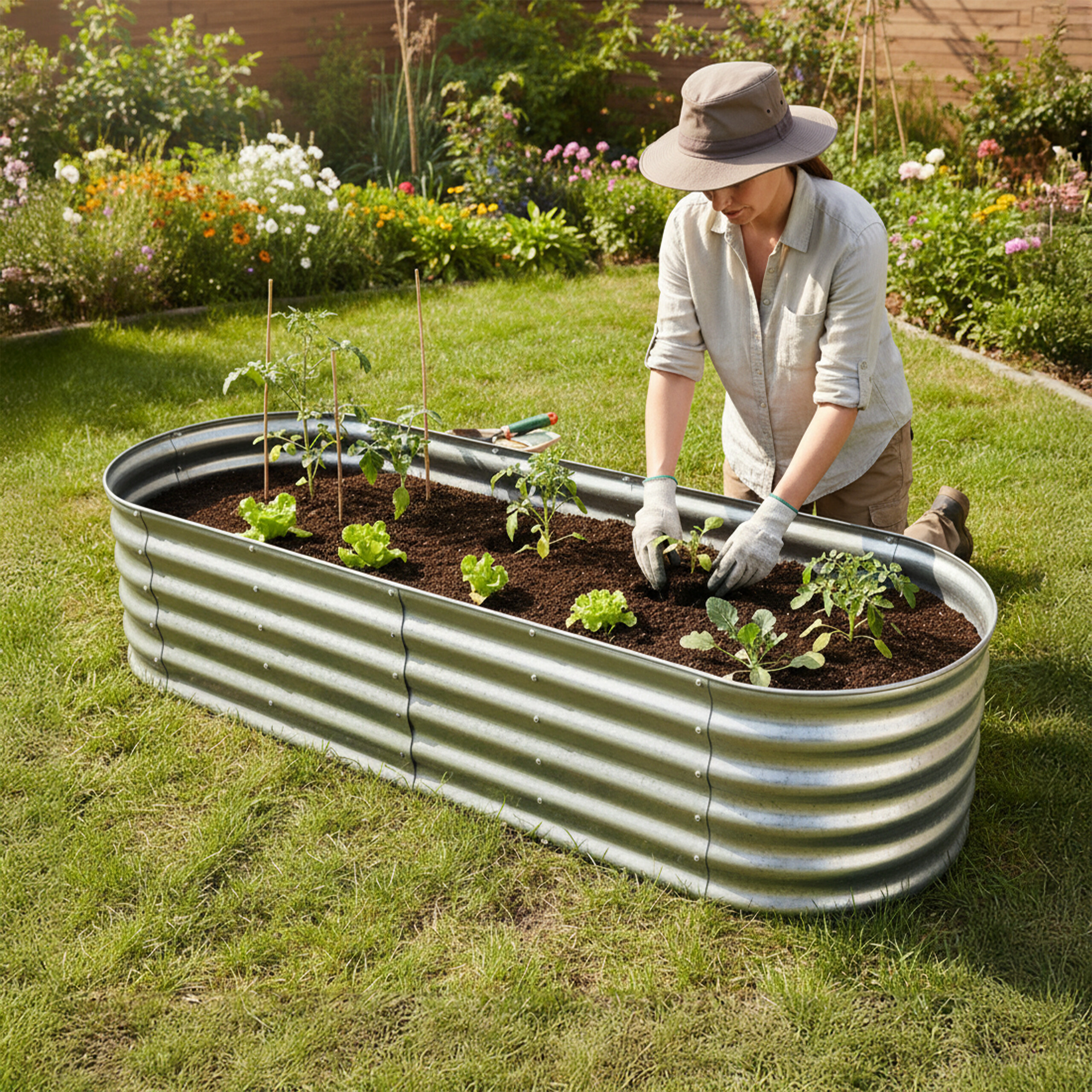 Eine Frau mit Hut und Handschuhen pflanzt in einem sonnigen Garten Setzlinge in ein Hochbeet.