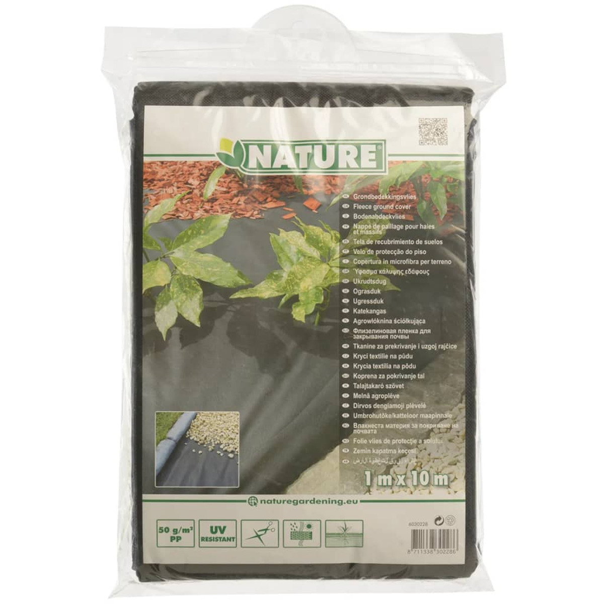 Ein verpacktes schwarzes Bodenabdeckvlies in 1m x 10m mit mehrsprachiger Produktbeschreibung und Markenzeichen.