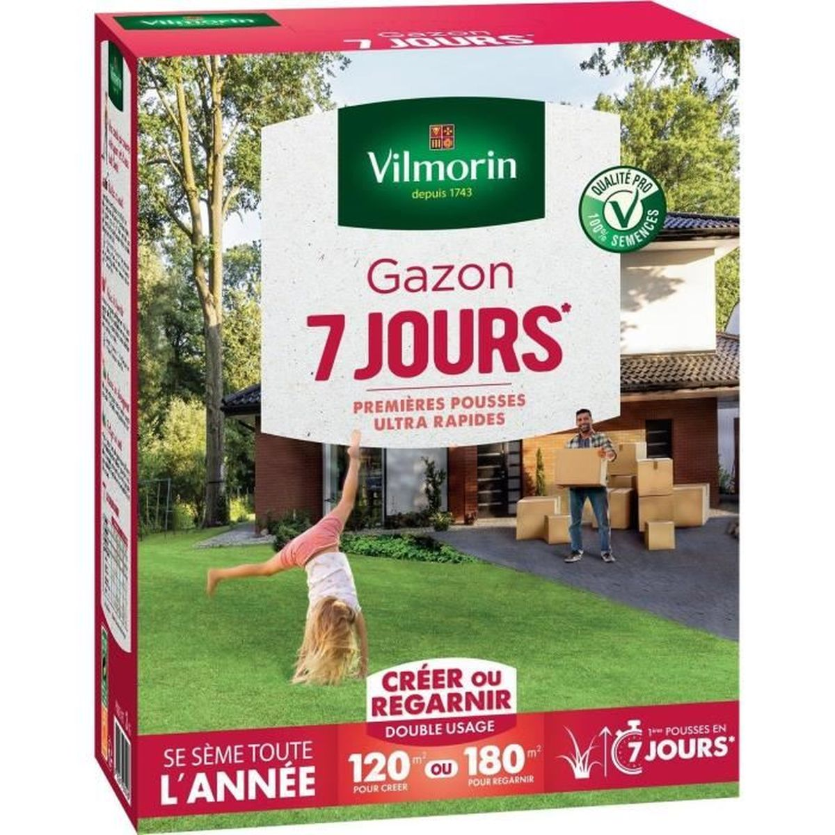 Vilmorin Rasensamen-Box mit Kind beim Radschlag auf dem Rasen und einem Mann mit Umzugskartons vor einem Haus.