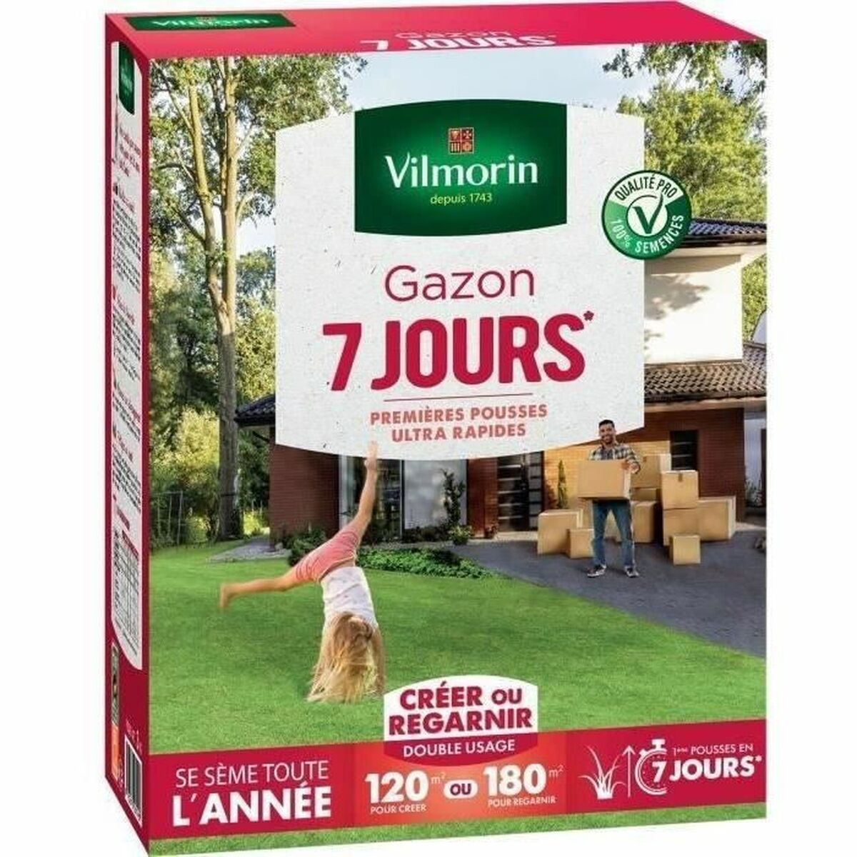 Vilmorin Rasensamen-Packung mit Kind, das auf einem grünen Rasen ein Rad schlägt.