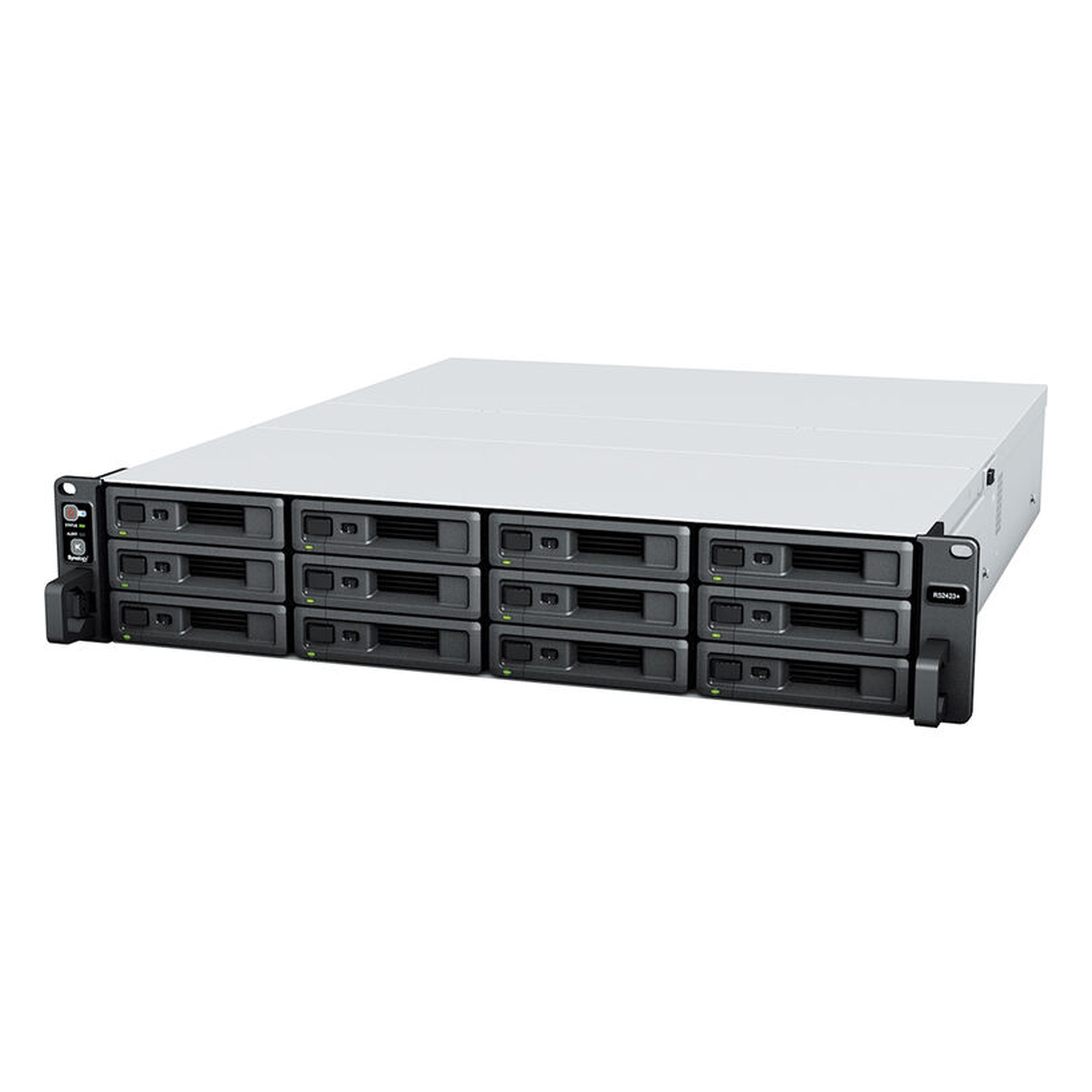 Beyaz arka planda on iki sürücü yuvası ve durum lambalarına sahip siyah beyaz bir rackmount NAS depolama cihazı.