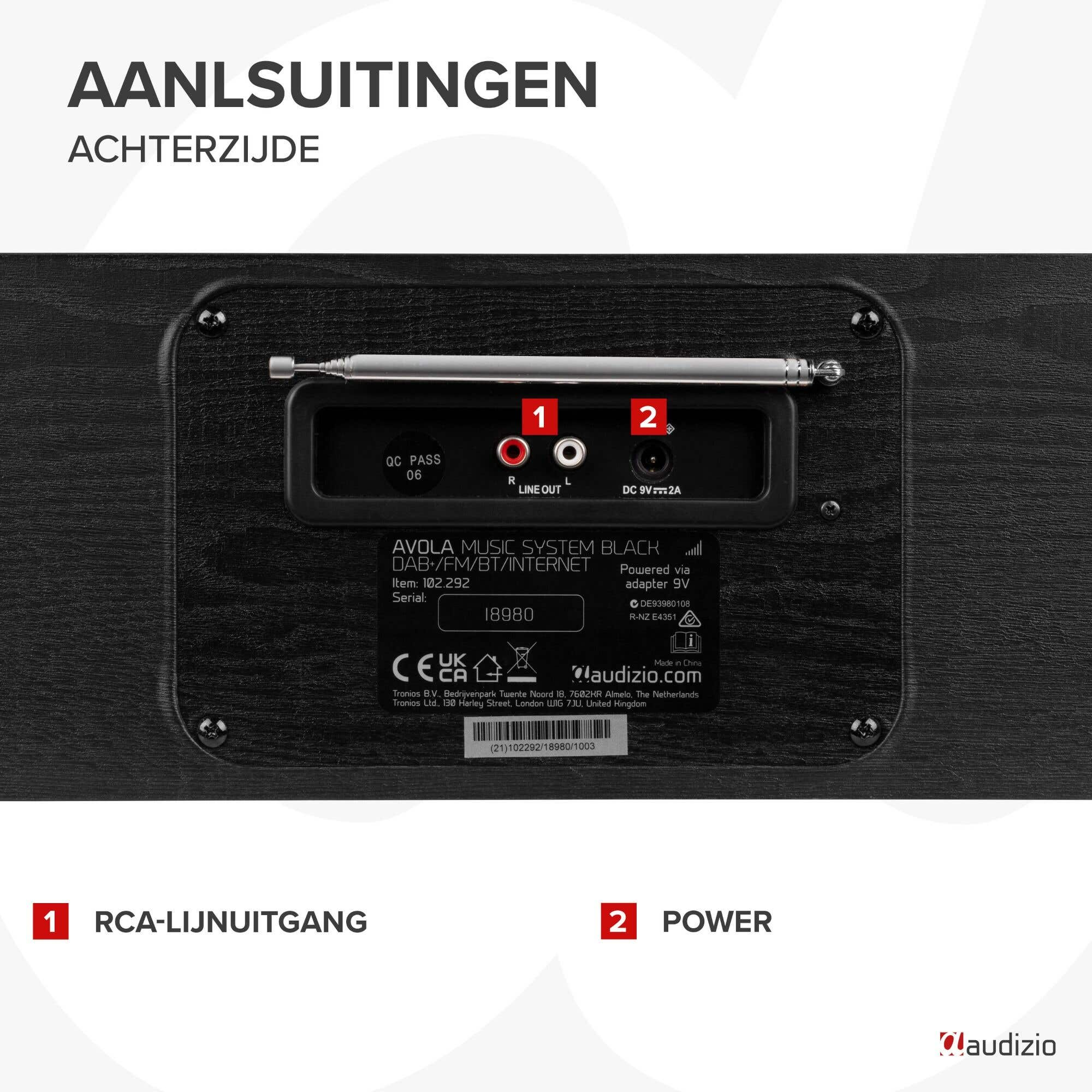 Rückseite eines Audizio-Musiksystems mit RCA-Ausgang, Stromeingang und Antenne.