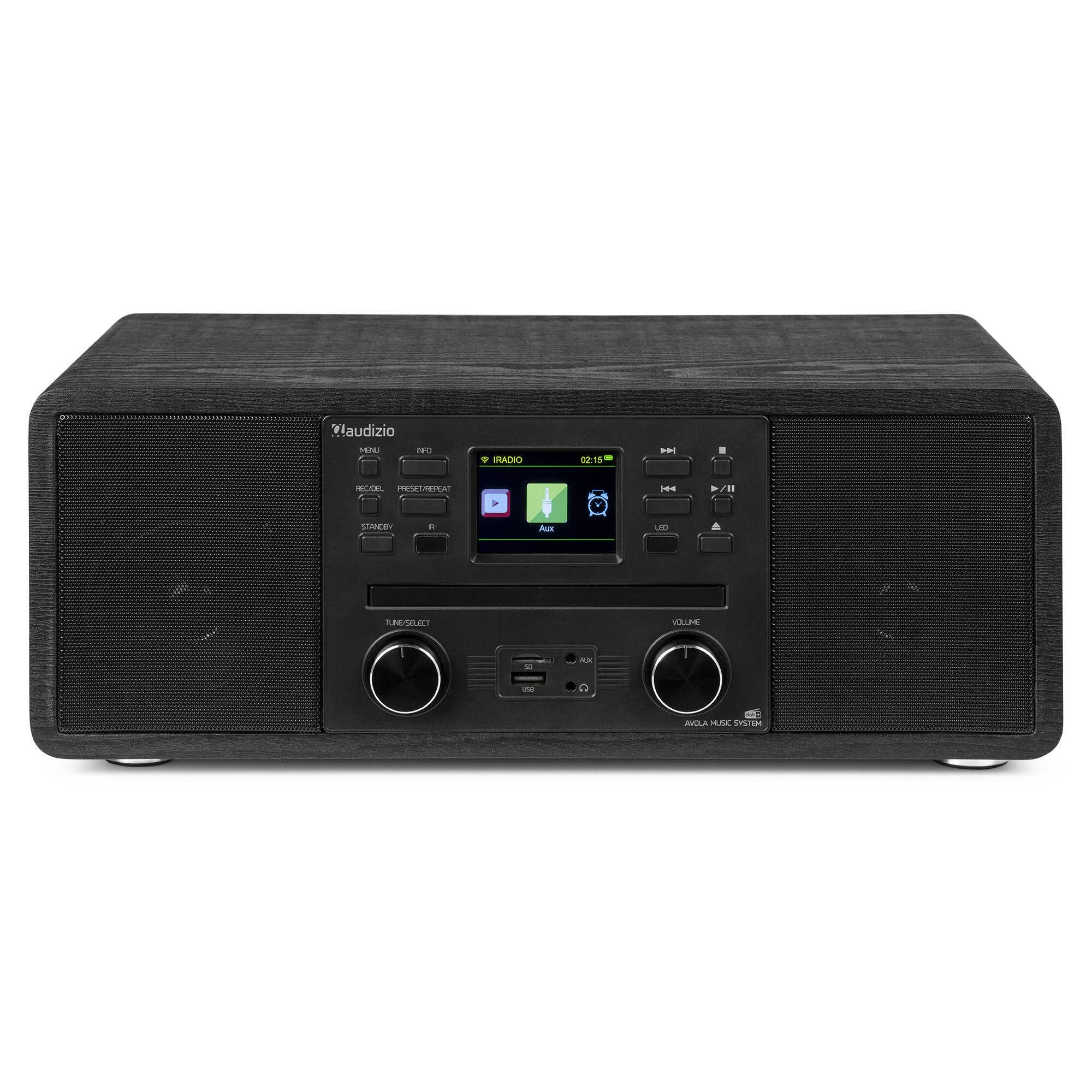 Ein schwarzes Audizio Audiosystem mit Display, Knöpfen und zwei Lautsprechern auf einer weißen Oberfläche.