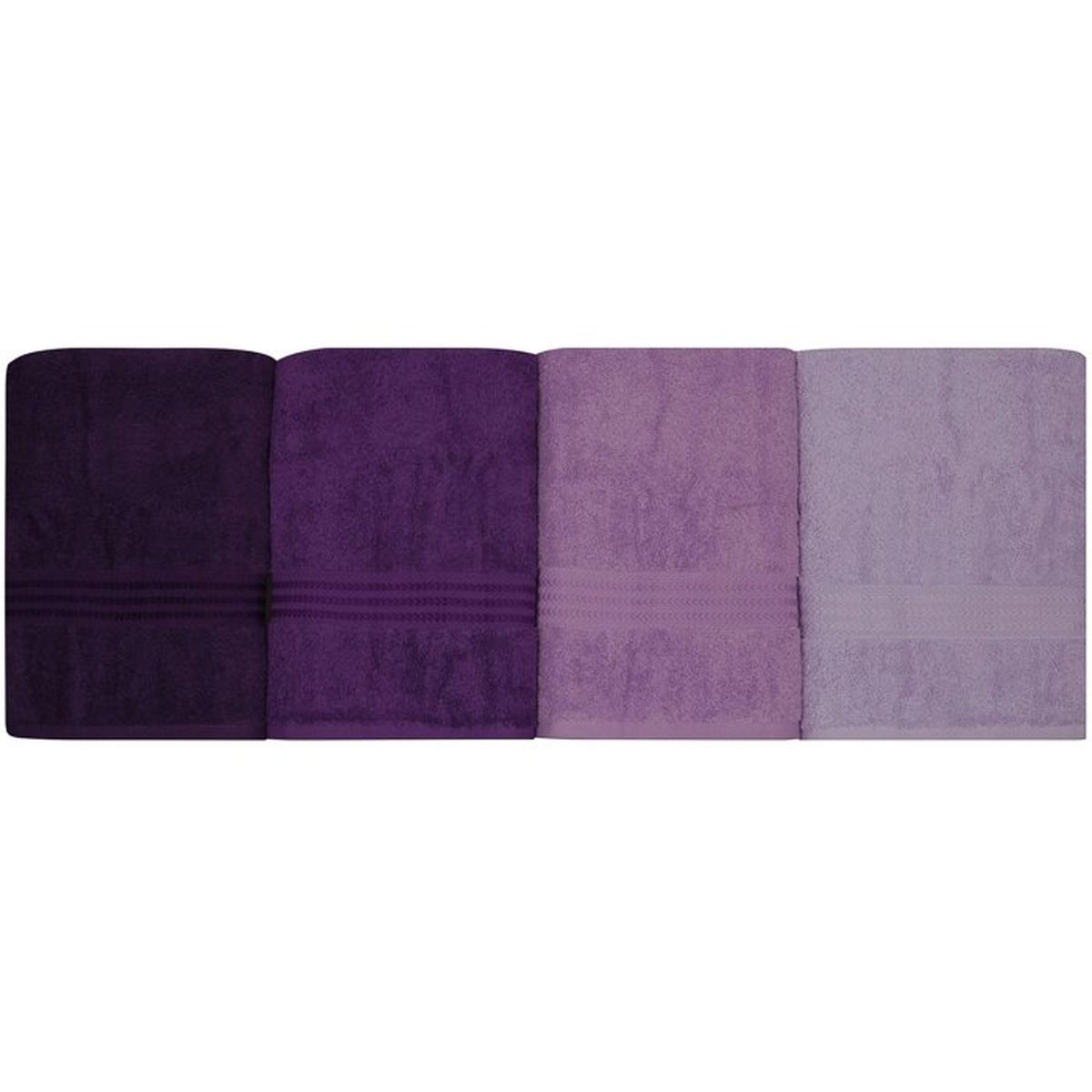 Vier gefaltete Handtücher in verschiedenen Violetttönen angeordnet nebeneinander.