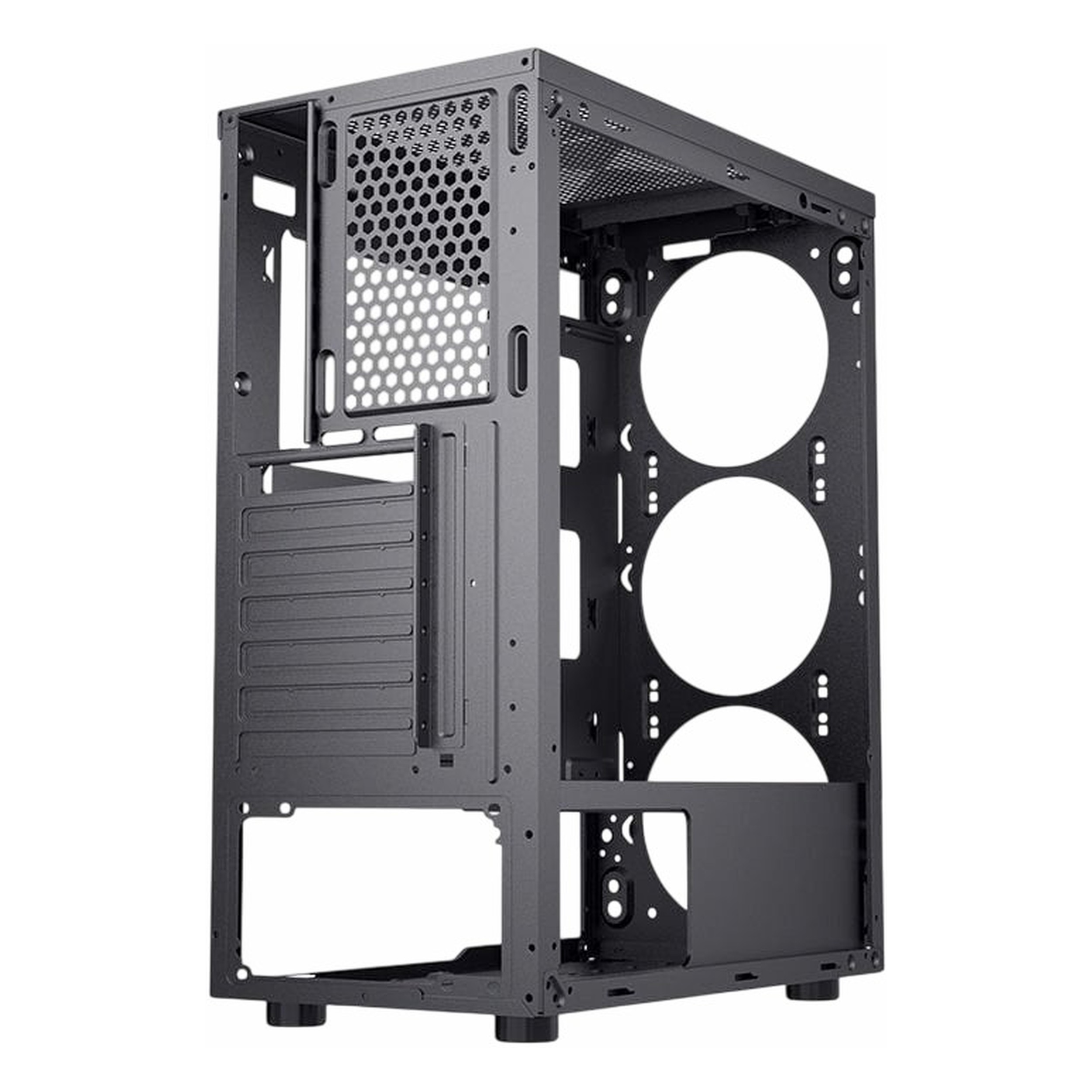 Çok sayıda fan yuvası ve PCIe yuvası gösteren boş gri bir bilgisayar kasasının içi.