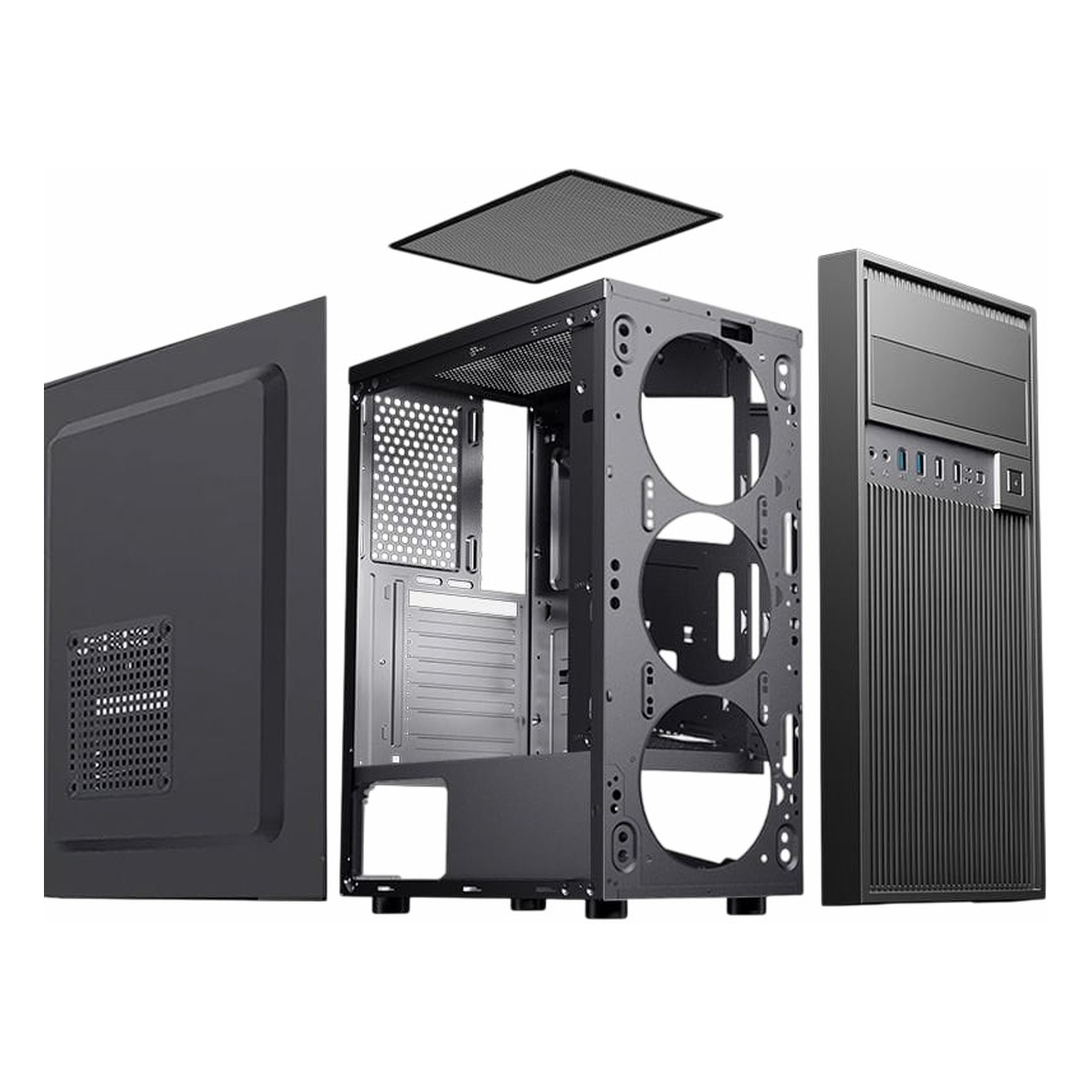 Çıkarılabilir yanları, ön paneli ve filtresi olan siyah bir PC kasasının patlatılmış görünümü.