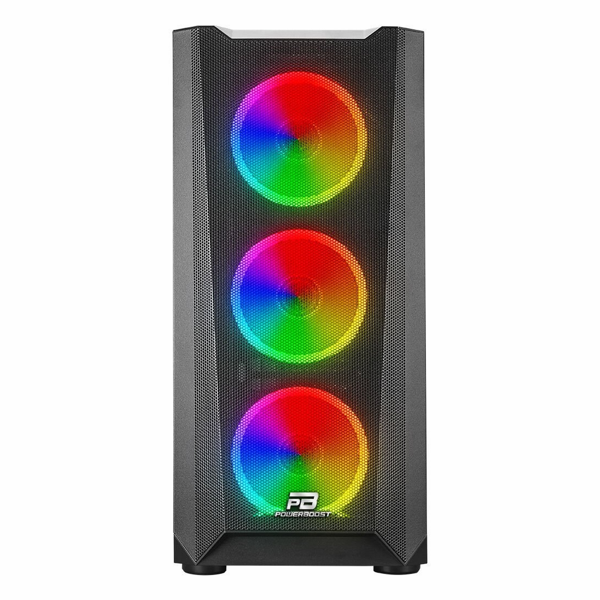 Ön paneli fileli ve üç aydınlatmalı RGB fanlı siyah bilgisayar kasası.