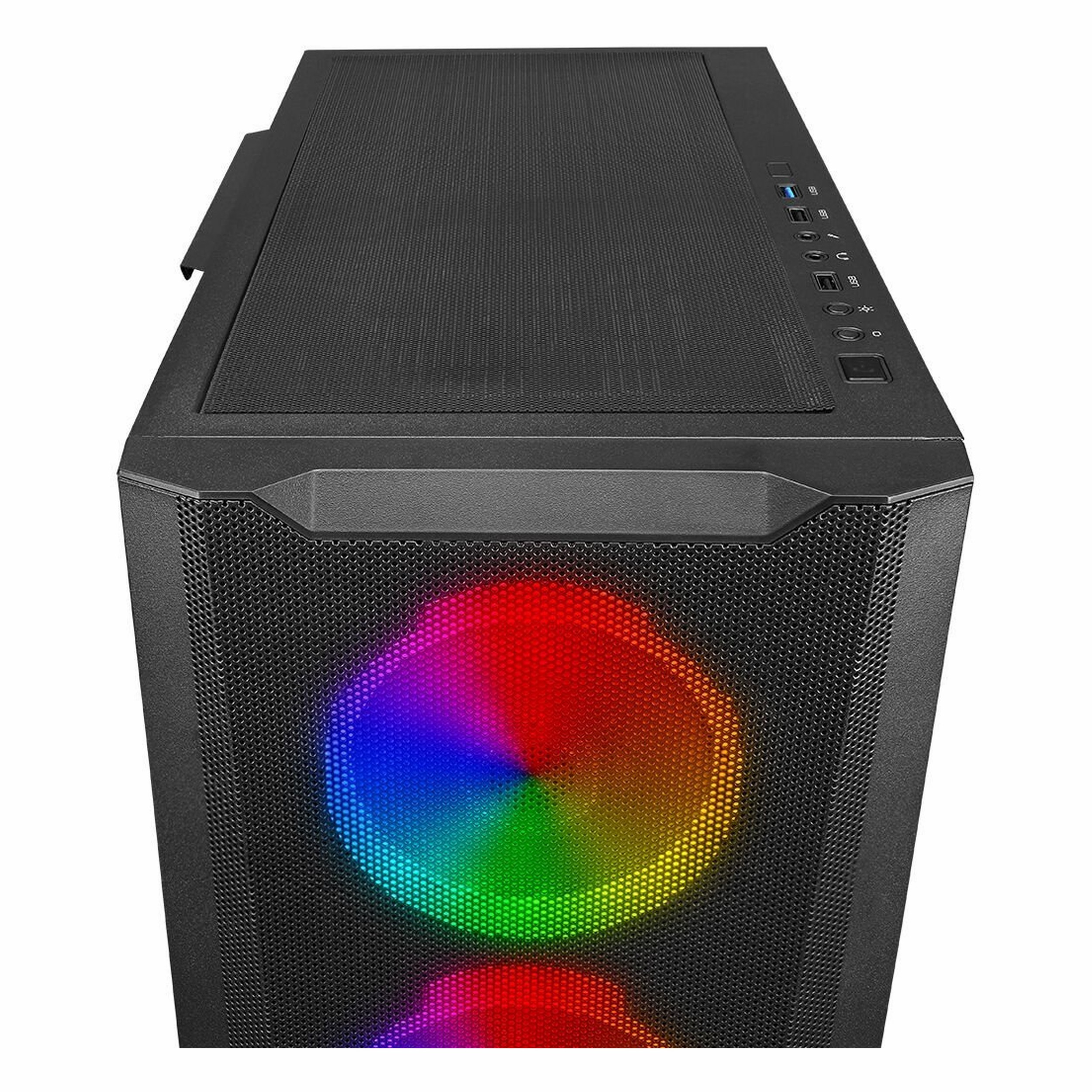 Ön ve üst panelleri örgü telden oluşan siyah bir bilgisayar kasası, içinde RGB fanlar var.