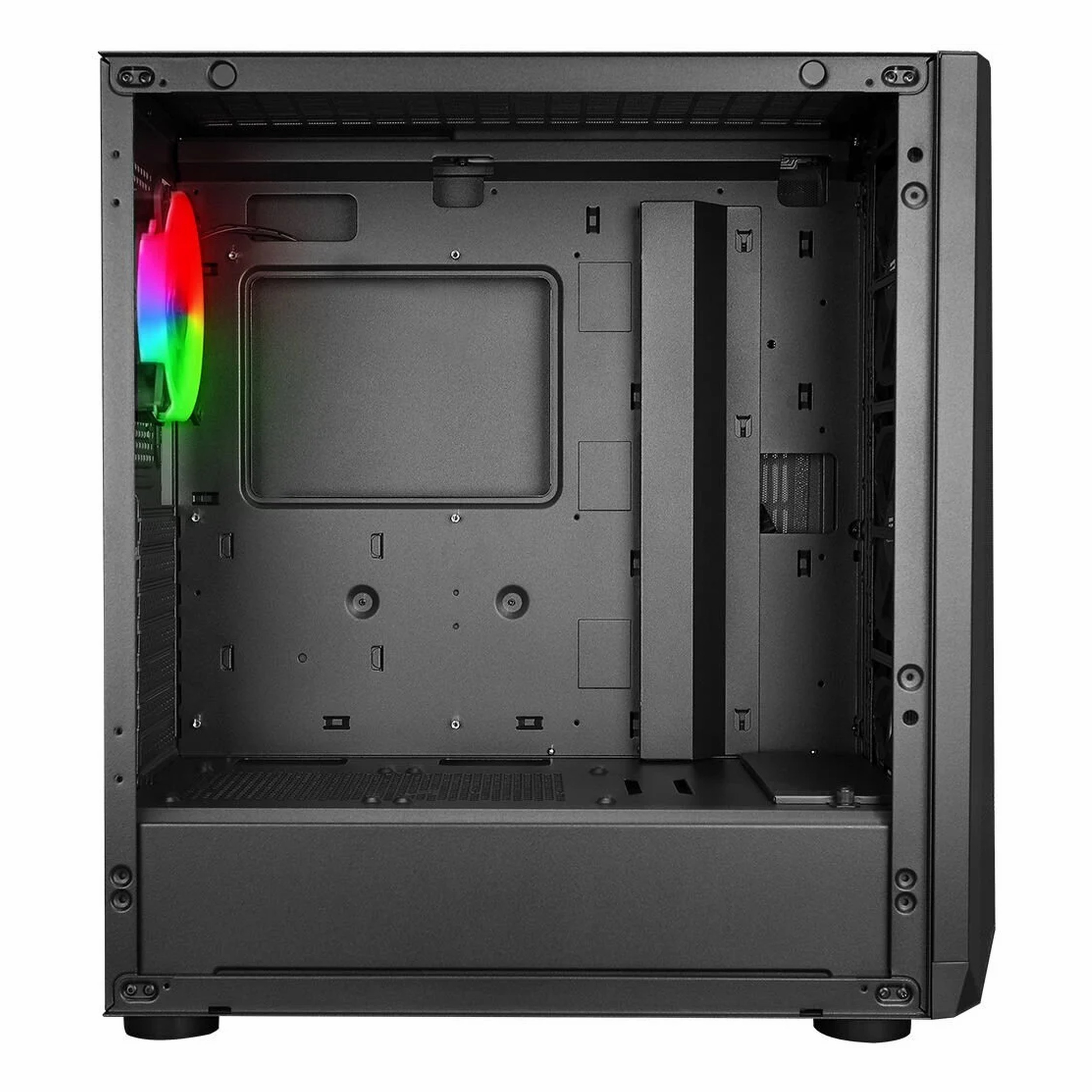 Sol tarafında renkli bir RGB fan bulunan boş, siyah bir bilgisayar kasasının iç görünümü.