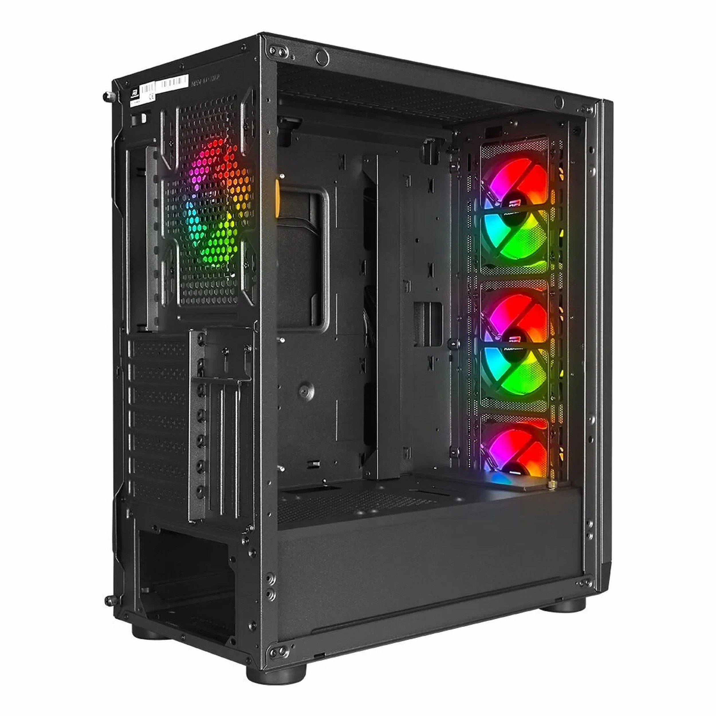 Dört renkli RGB fanlı ve açık yan görünümlü siyah bilgisayar kasası.