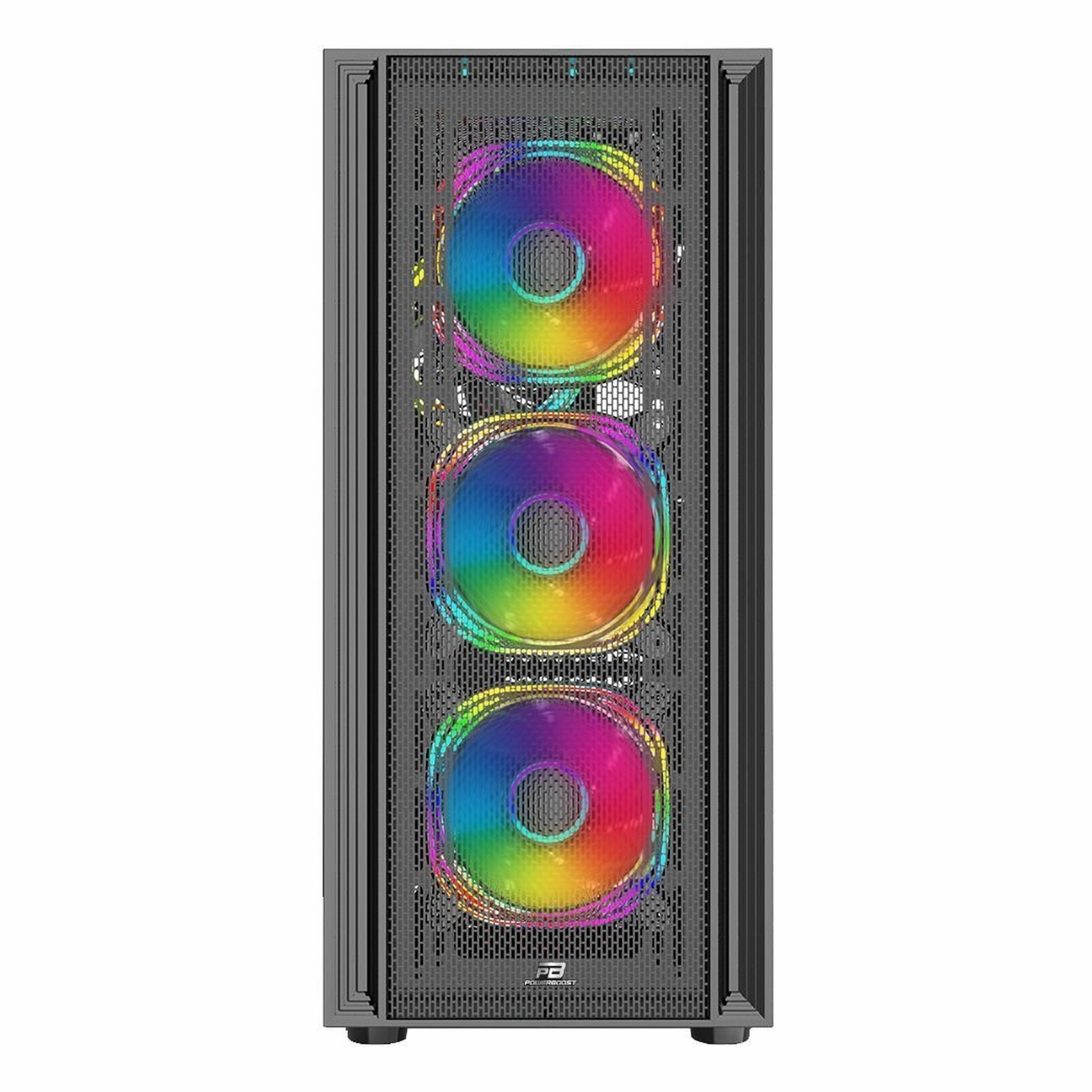 Ön panelinde örgü detay ve üç renkli RGB fan bulunan siyah bilgisayar kasası.